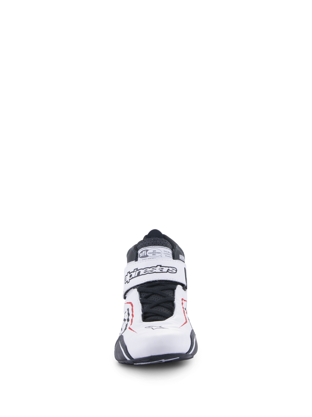 Sapatos Alpinestars Tech-1 T V3, sapatos de automobilismo, brancos, pretos e vermelhos, vista frontal com tira de fecho de velcro com a marca Alpinestars, atacadores pretos e etiqueta de certificação SFI na língua