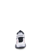 Sapatos Alpinestars Tech-1 T V3, sapatos de automobilismo, brancos, pretos e vermelhos, vista frontal com tira de fecho de velcro com a marca Alpinestars, atacadores pretos e etiqueta de certificação SFI na língua