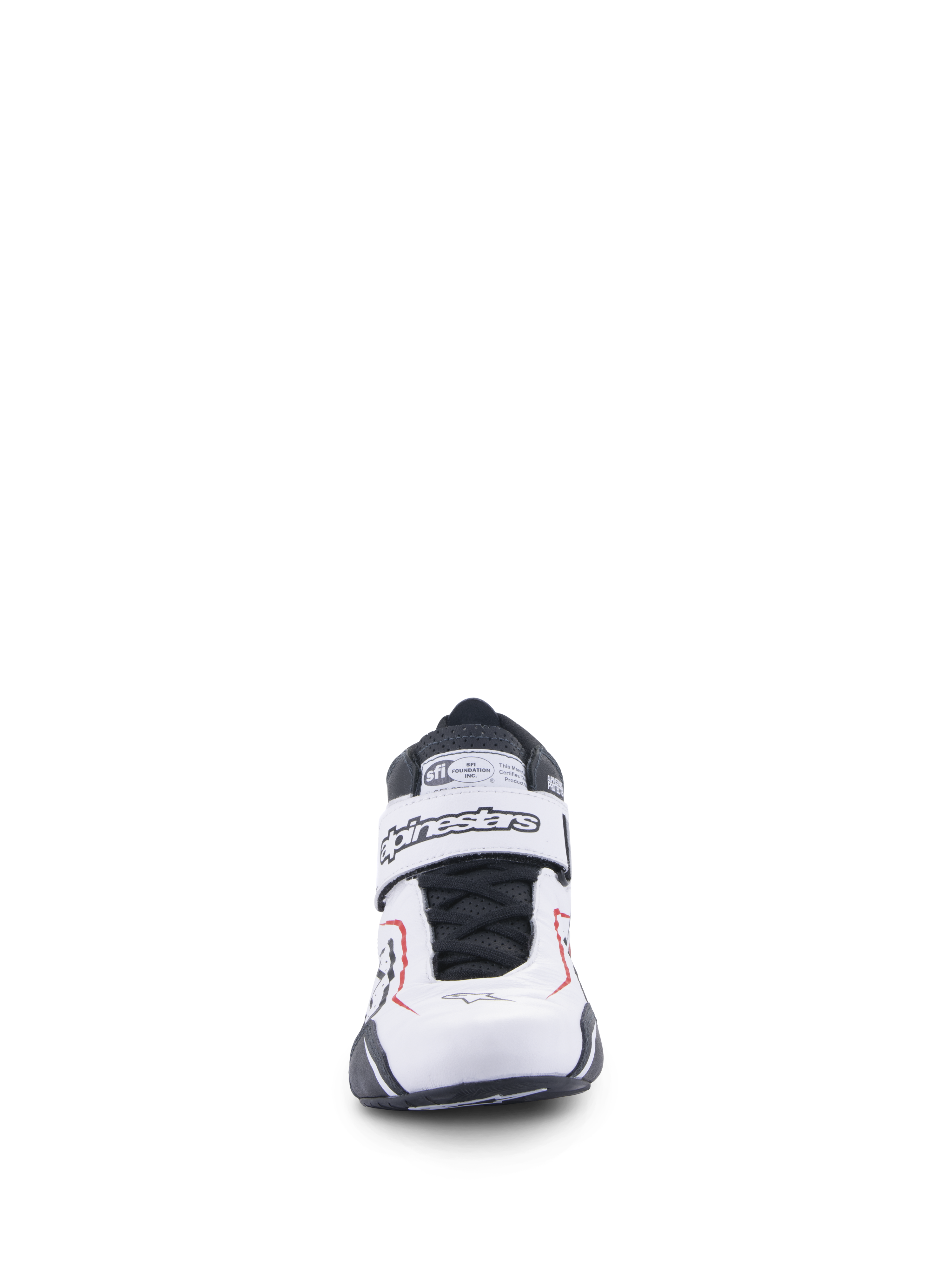 Sapatos Alpinestars Tech-1 T V3, sapatos de automobilismo, brancos, pretos e vermelhos, vista frontal com tira de fecho de velcro com a marca Alpinestars, atacadores pretos e etiqueta de certificação SFI na língua