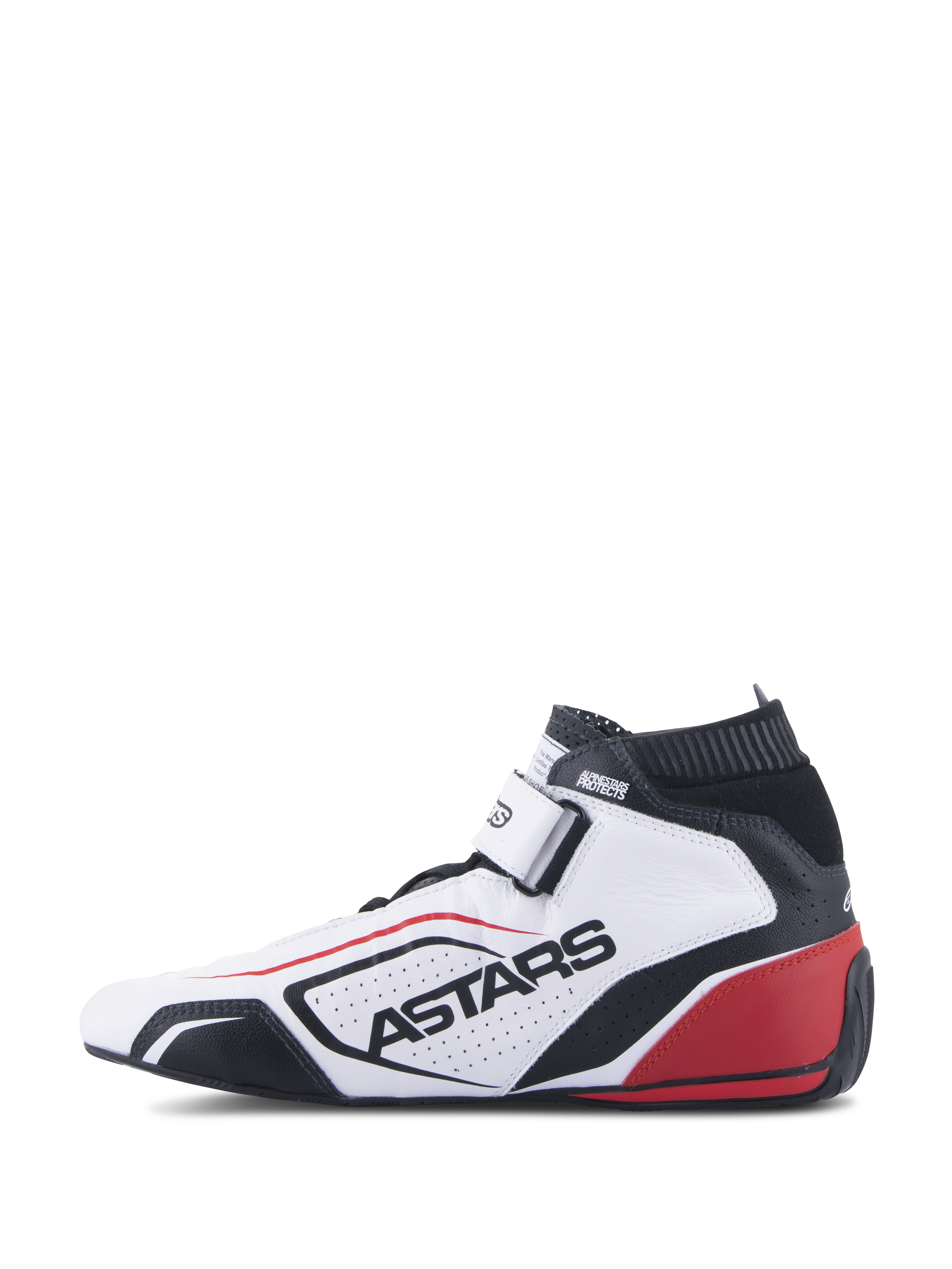 Sapatos Alpinestars Tech-1 T V3 FIA, calçado profissional de competição automóvel, branco, preto e vermelho, vista lateral com logótipo ASTARS em pele perfurada, gola preta à prova de fogo e detalhes vermelhos no calcanhar, design de alta performance para desporto motorizado.