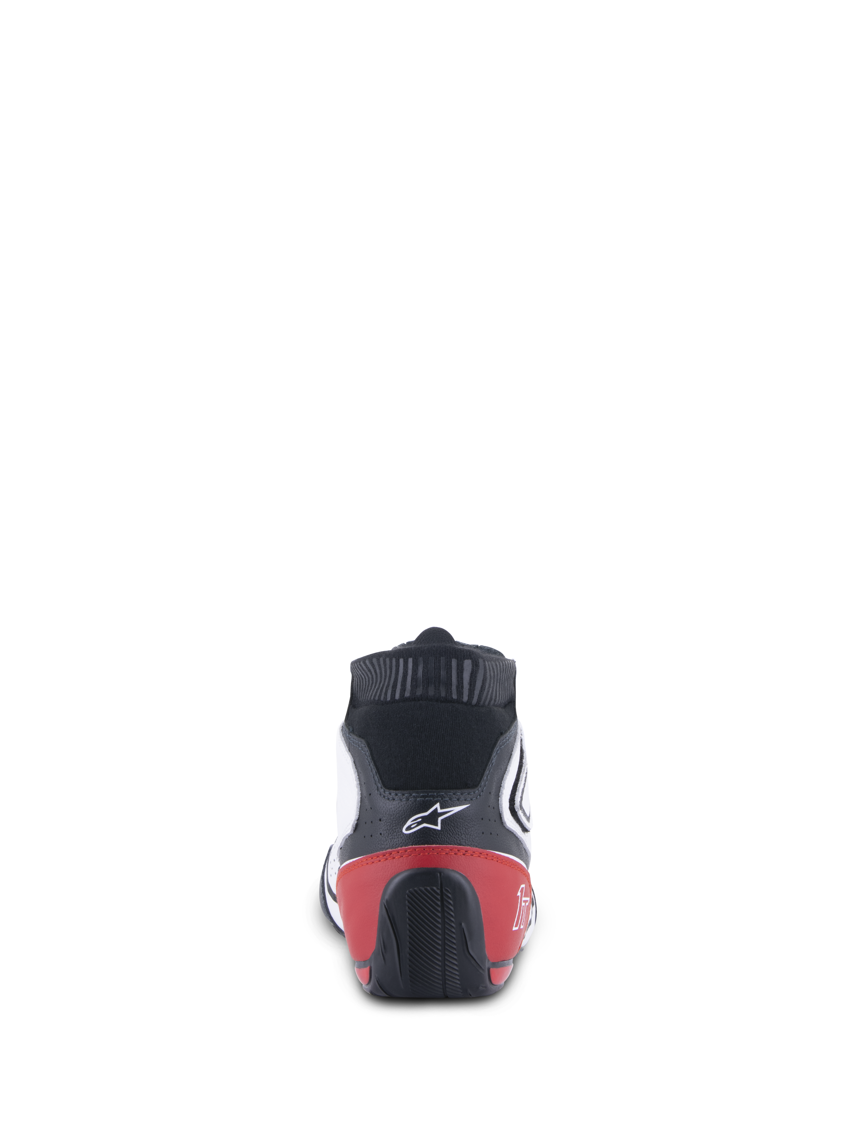 Alpinestars Tech-1 T V3 Shoes FIA, sapatos de automobilismo, branco, preto e vermelho, vista traseira mostrando o contraforte do calcanhar vermelho e a sola exterior preta texturizada, logótipo Alpinestars branco na parte superior em couro preto.