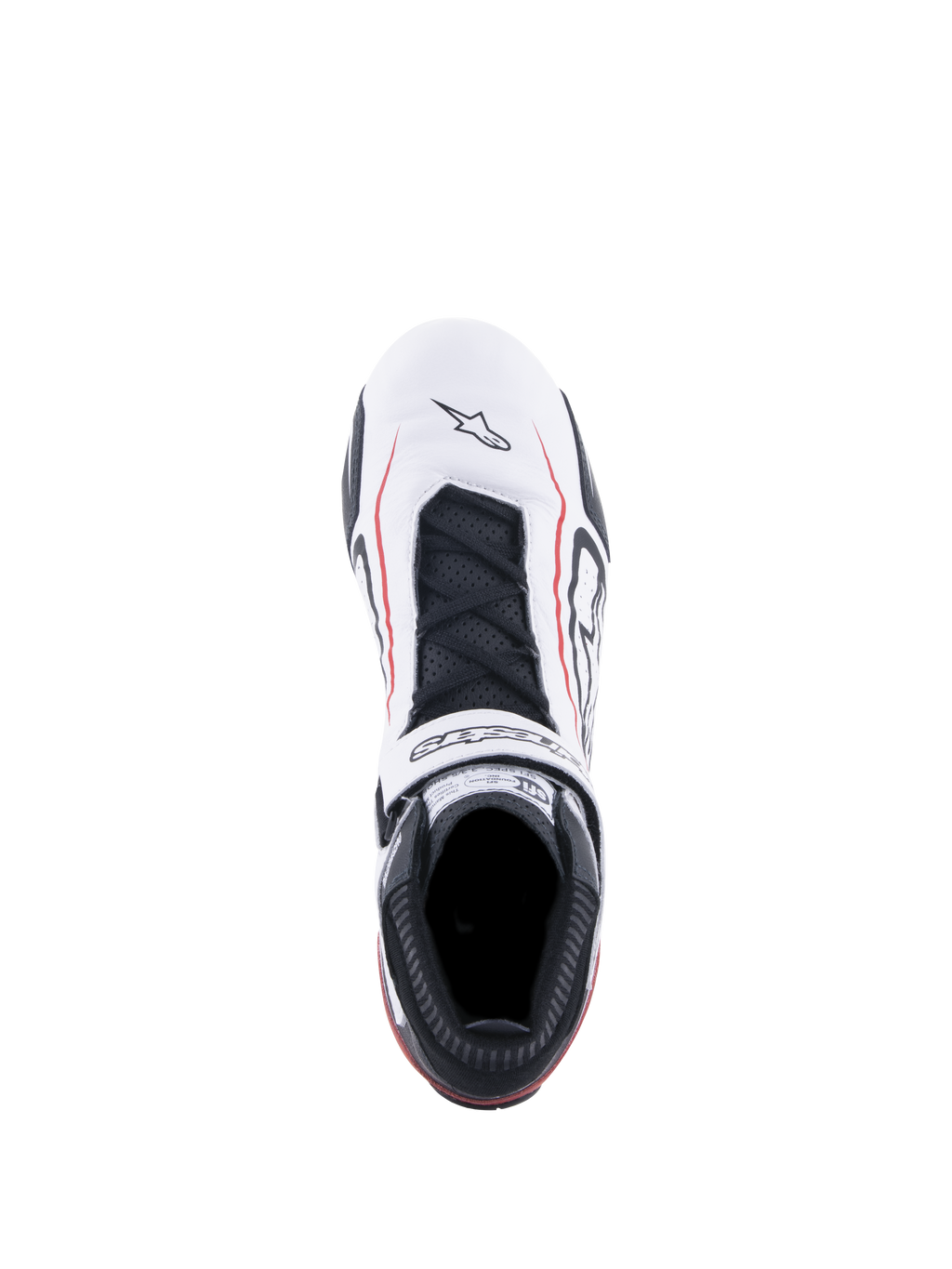 Sapatos Alpinestars Tech-1 T V3 FIA, sapatos de automobilismo, branco, preto e vermelho, vista superior com parte superior em couro branco e linhas de destaque vermelhas, atacadores pretos, tira de gancho e laço com logótipo e etiqueta de certificação SFI na língua
