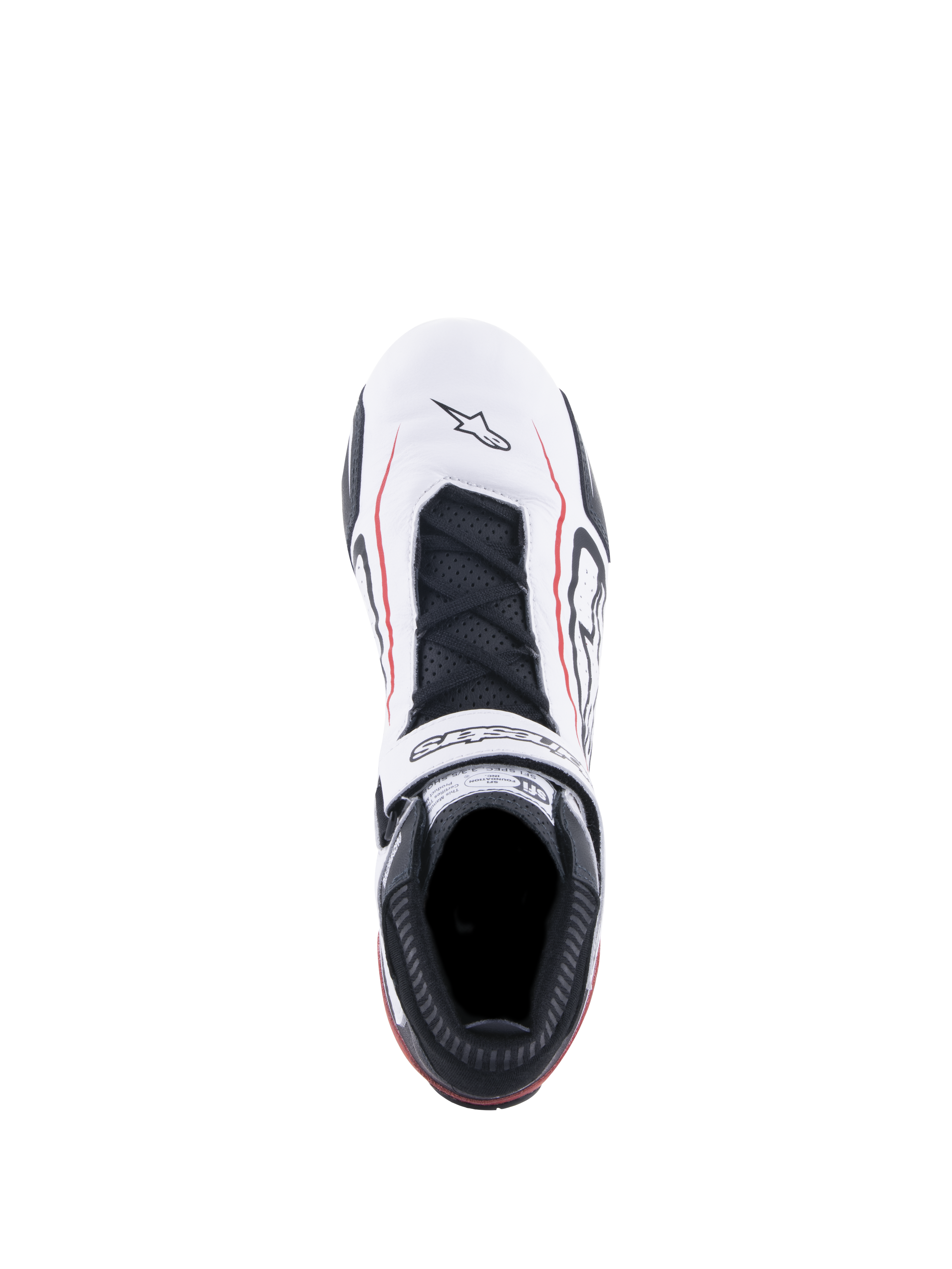 Sapatos Alpinestars Tech-1 T V3 FIA, sapatos de automobilismo, branco, preto e vermelho, vista superior com parte superior em couro branco e linhas de destaque vermelhas, atacadores pretos, tira de gancho e laço com logótipo e etiqueta de certificação SFI na língua