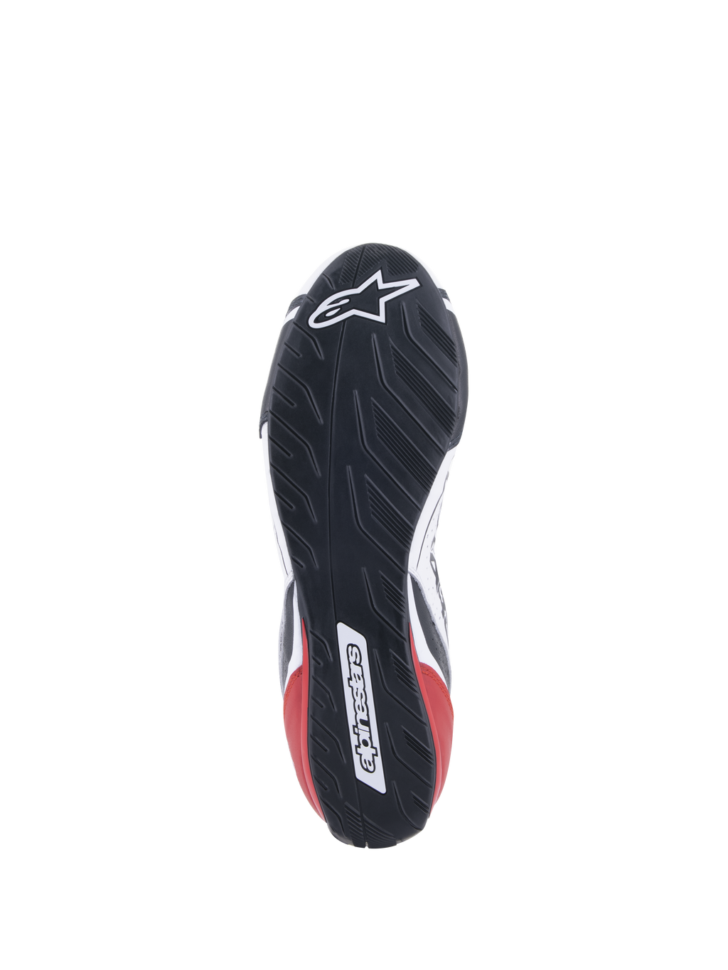 Sapatos Alpinestars Tech-1 T V3 FIA, sapatos de automobilismo, brancos, pretos e vermelhos, vista detalhada da sola de borracha assimétrica inspirada no rasto de um pneu, com o logótipo e a marca nominativa da Alpinestars, sola exterior resistente ao óleo e repelente de água