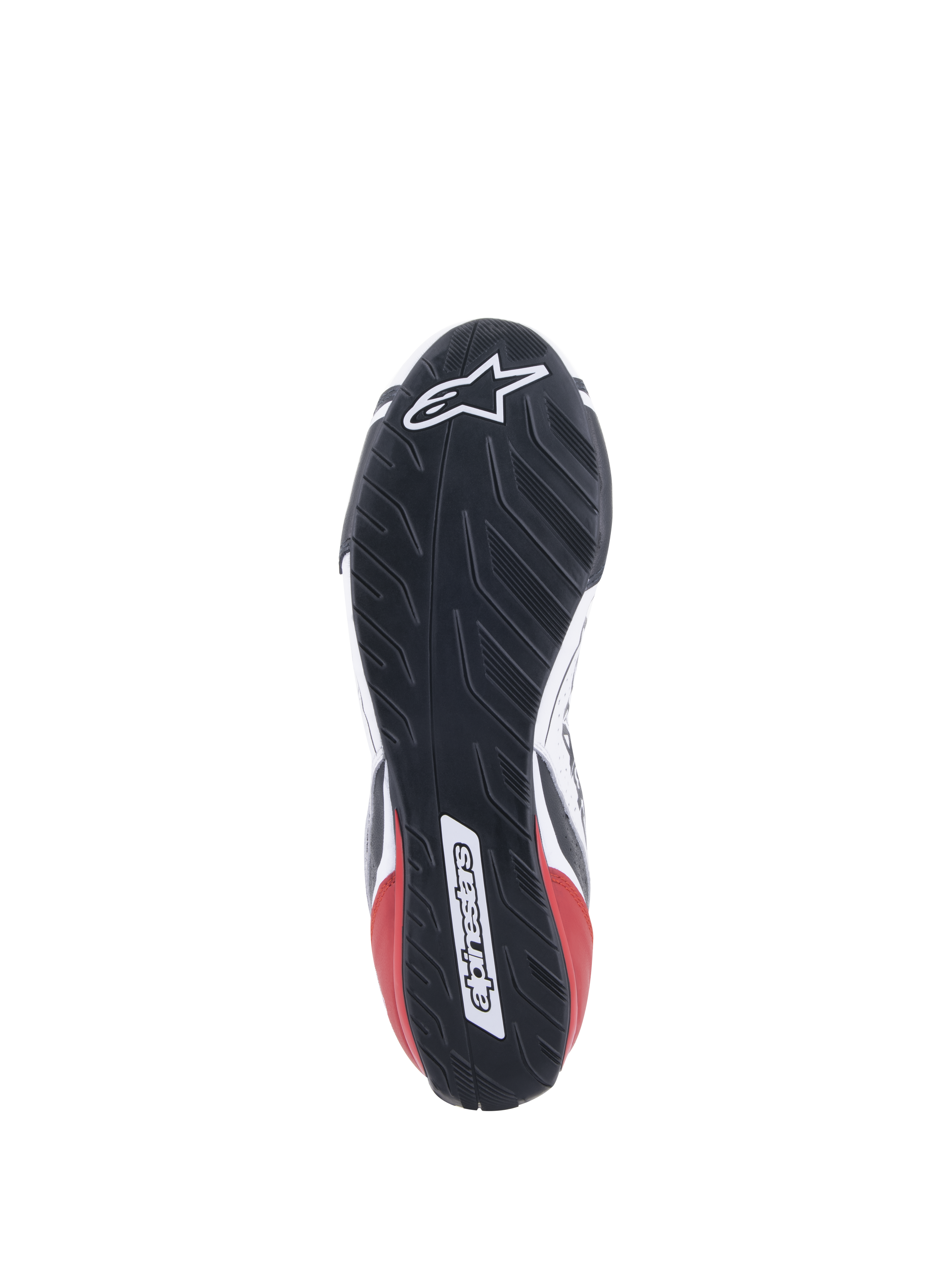 Sapatos Alpinestars Tech-1 T V3 FIA, sapatos de automobilismo, brancos, pretos e vermelhos, vista detalhada da sola de borracha assimétrica inspirada no rasto de um pneu, com o logótipo e a marca nominativa da Alpinestars, sola exterior resistente ao óleo e repelente de água