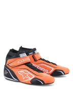 Sapatos Alpinestars Tech-1 T V3, sapatos de automobilismo, laranja fluo, preto e branco, calçado profissional de cano alto em pele com tiras de gancho e laço sobre os atacadores, logótipos brancos Alpinestars e painéis protetores pretos para performance no desporto motorizado