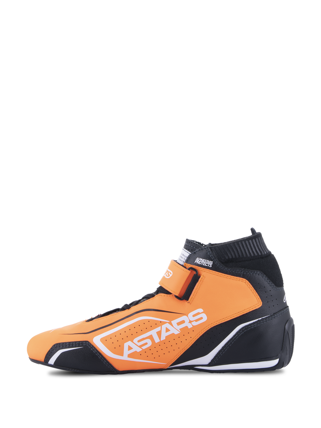 Sapatos Alpinestars Tech-1 T V3 FIA, sapatos de automobilismo, laranja fluorescente, preto e branco, vista de perfil lateral, construção em couro bovino, tira de gancho e laço no tornozelo, logótipo Astars branco