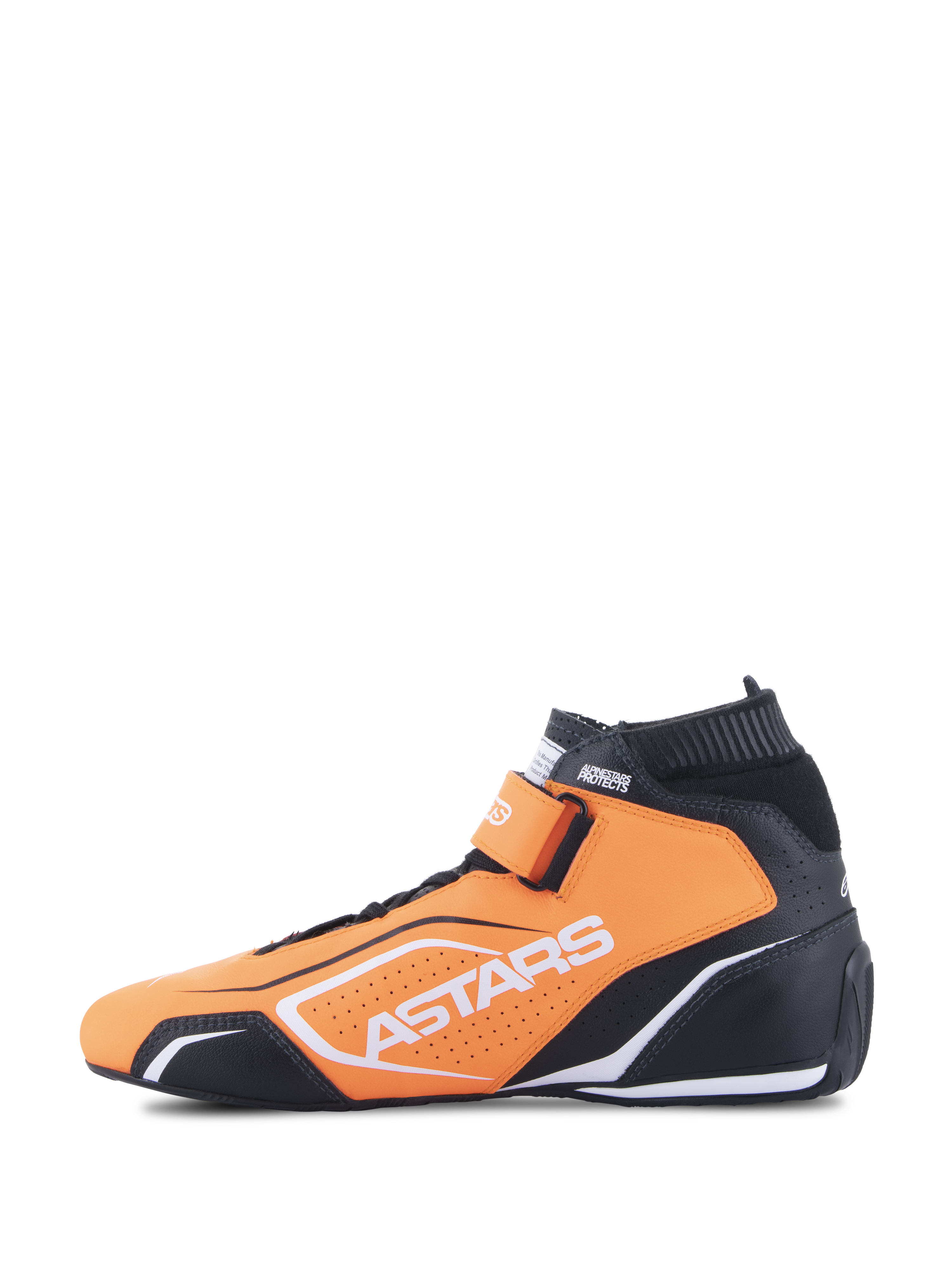 Sapatos Alpinestars Tech-1 T V3 FIA, sapatos de automobilismo, laranja fluorescente, preto e branco, vista de perfil lateral, construção em couro bovino, tira de gancho e laço no tornozelo, logótipo Astars branco