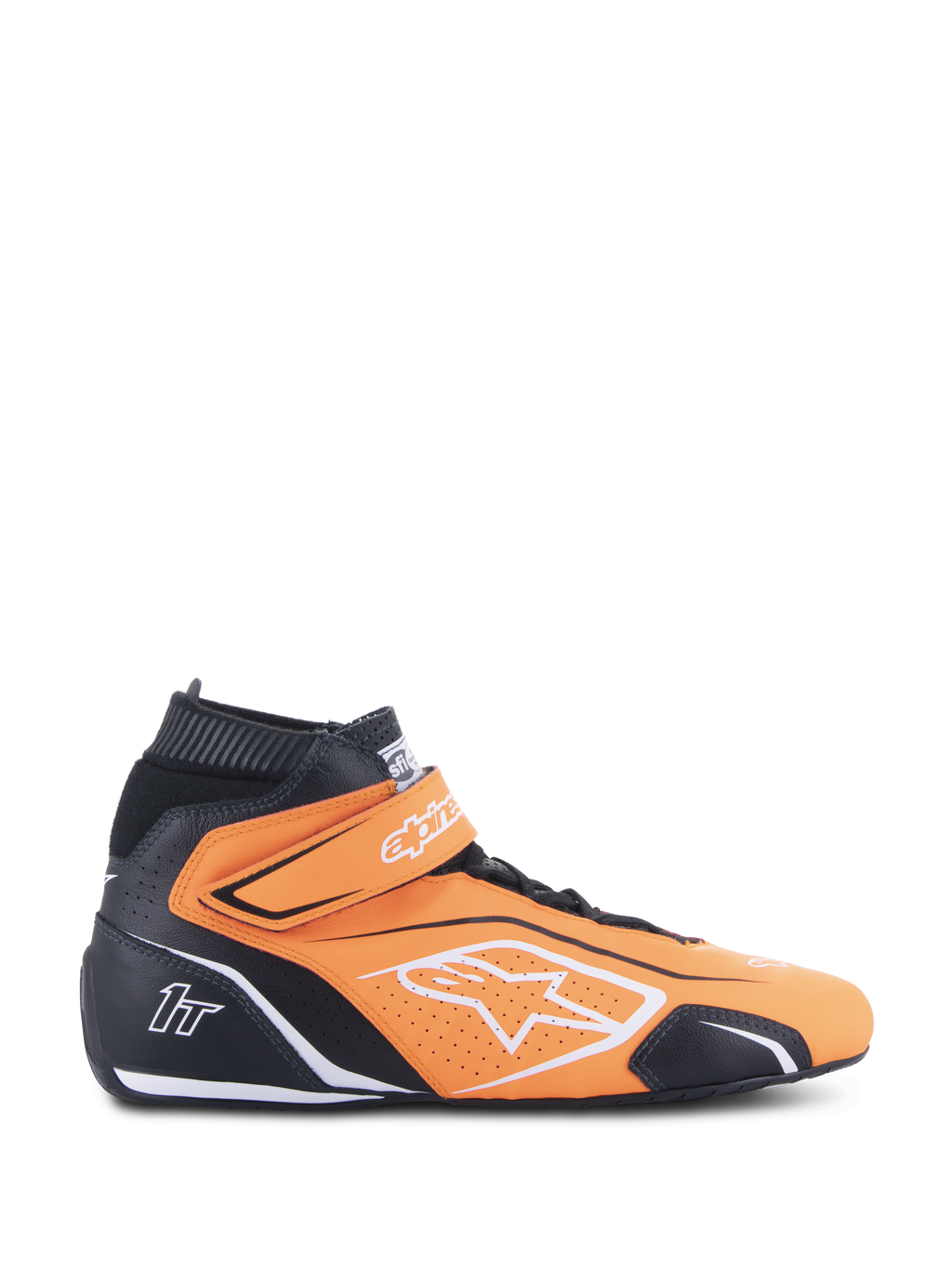 Alpinestars Tech-1 T V3 FIA Racing Shoes, sapatos de corrida de cano alto, laranja fluo e preto com detalhes brancos e tira de velcro no tornozelo, pele perfurada para respirabilidade, vista lateral de equipamento profissional para automobilismo