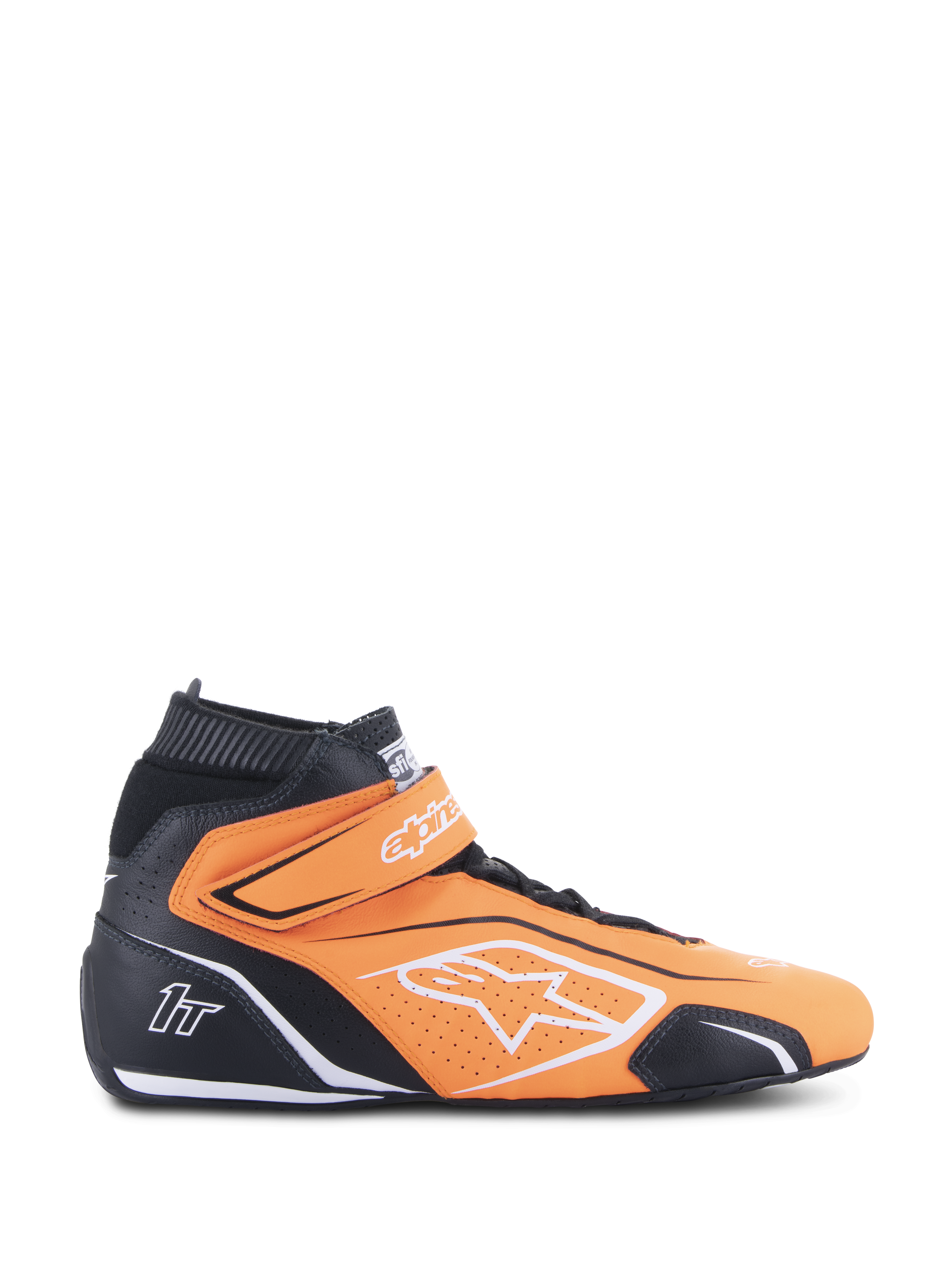 Alpinestars Tech-1 T V3 FIA Racing Shoes, sapatos de corrida de cano alto, laranja fluo e preto com detalhes brancos e tira de velcro no tornozelo, pele perfurada para respirabilidade, vista lateral de equipamento profissional para automobilismo
