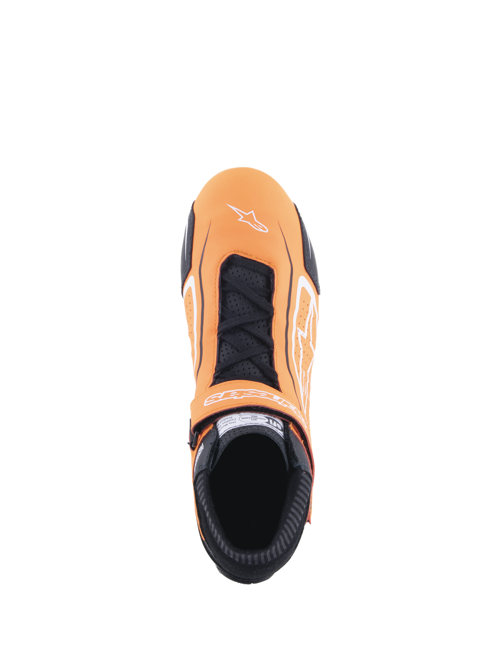Sapatos Alpinestars Tech-1 T V3, sapatos de automobilismo, laranja fluorescente, preto e branco, vista superior mostrando o fecho por atacadores e tira de velcro, logótipo Alpinestars branco na biqueira, painéis de pele perfurada e gola ignífuga preta