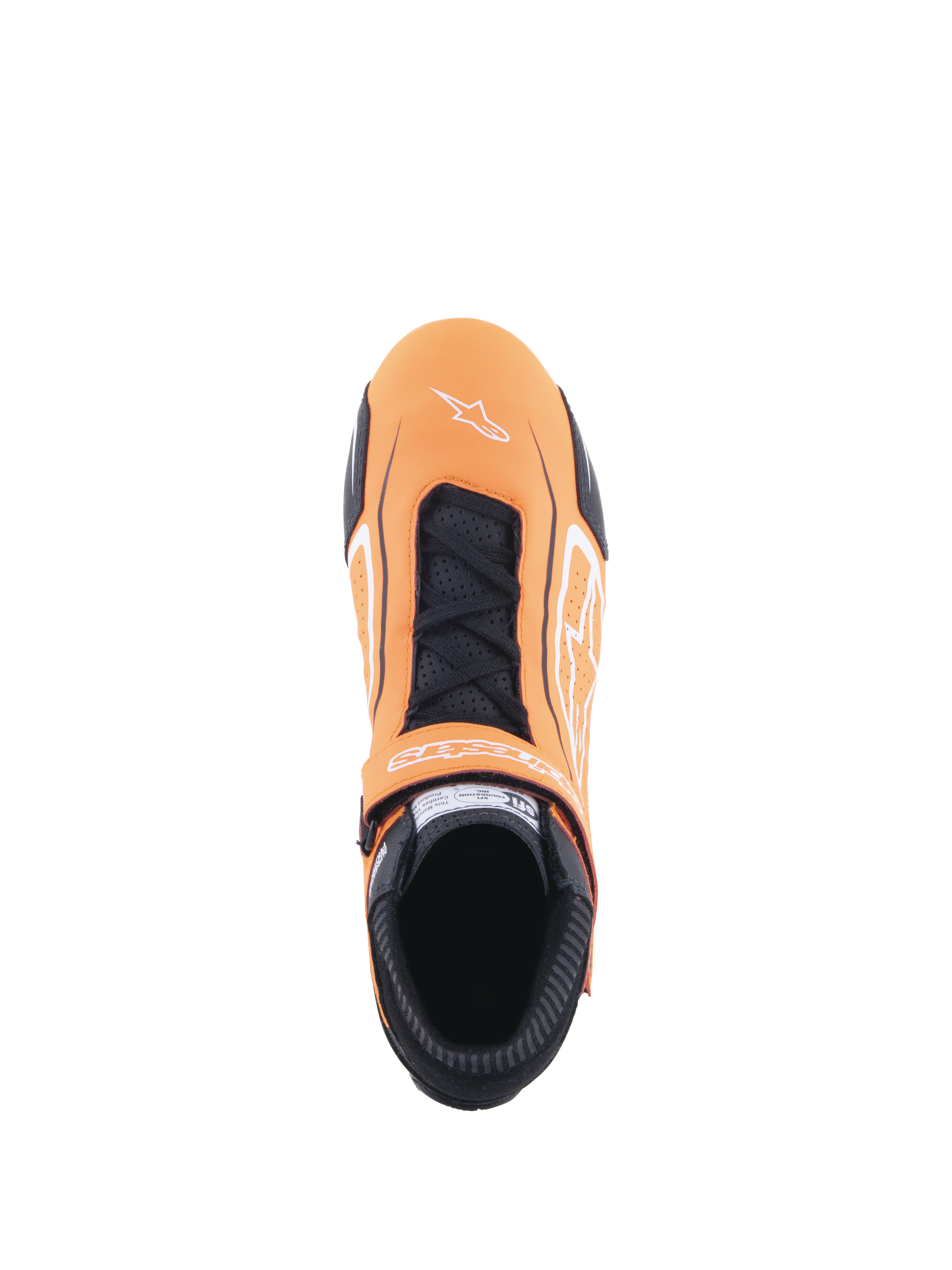 Sapatos Alpinestars Tech-1 T V3, sapatos de automobilismo, laranja fluorescente, preto e branco, vista superior mostrando o fecho por atacadores e tira de velcro, logótipo Alpinestars branco na biqueira, painéis de pele perfurada e gola ignífuga preta