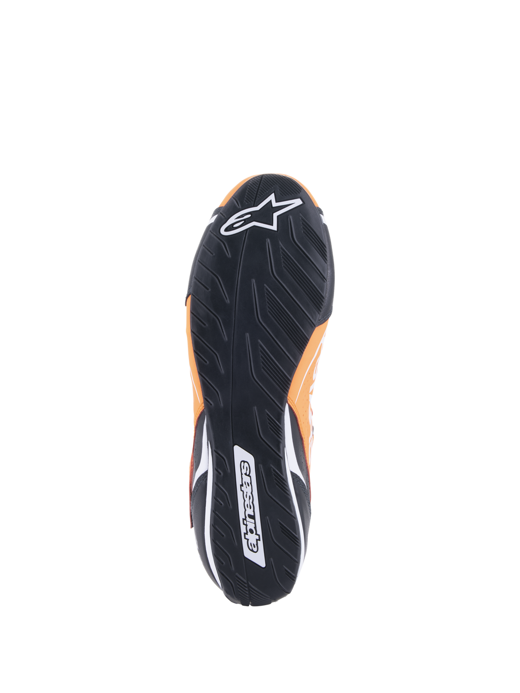 Sapatos Alpinestars Tech-1 T V3 FIA, Laranja Fluo, Preto e Branco, vista inferior mostrando a sola de borracha preta com padrão de rasto assimétrico, logótipo Alpinestars branco na biqueira e marca nominativa no calcanhar.