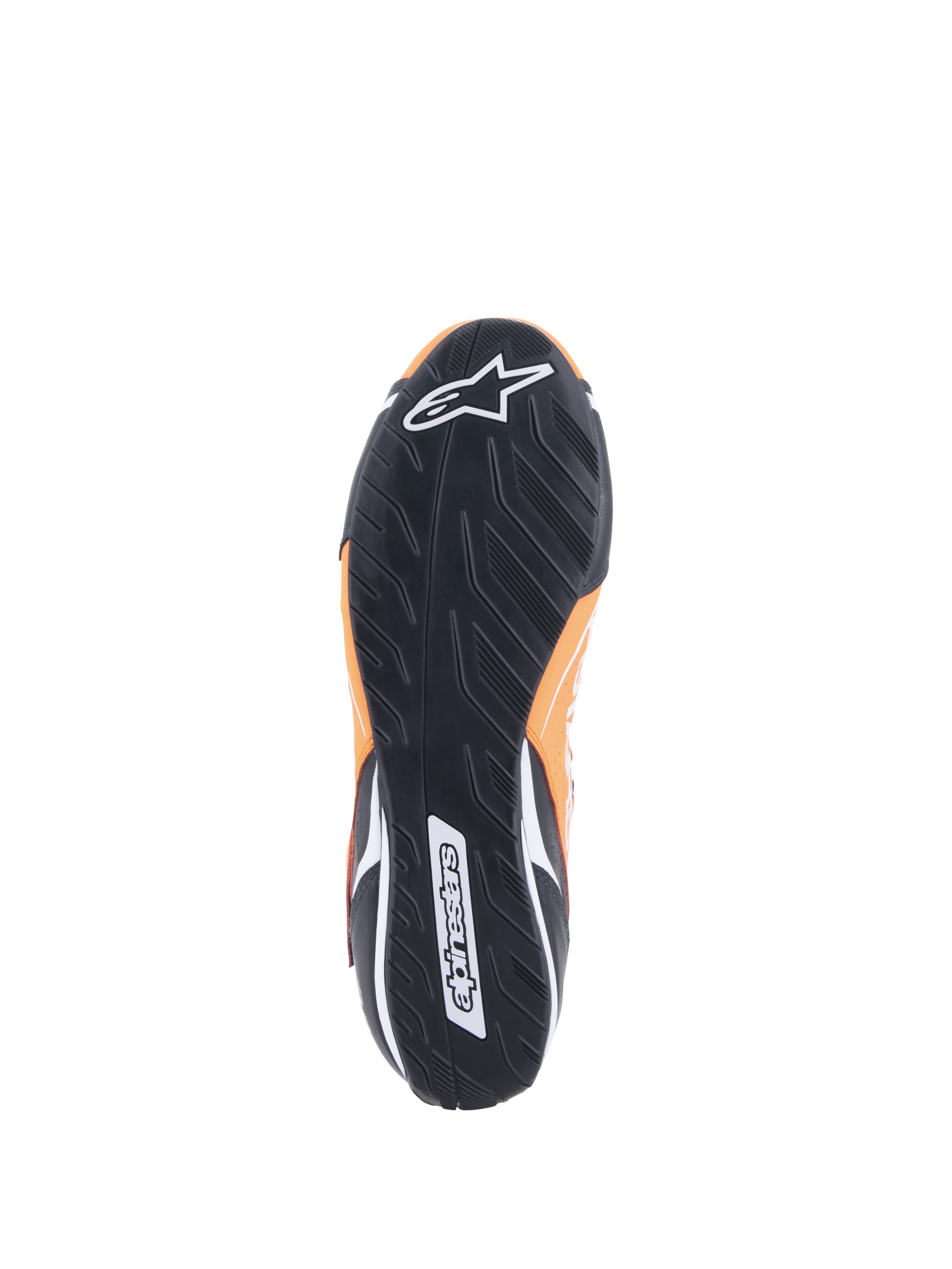 Sapatos Alpinestars Tech-1 T V3 FIA, Laranja Fluo, Preto e Branco, vista inferior mostrando a sola de borracha preta com padrão de rasto assimétrico, logótipo Alpinestars branco na biqueira e marca nominativa no calcanhar.