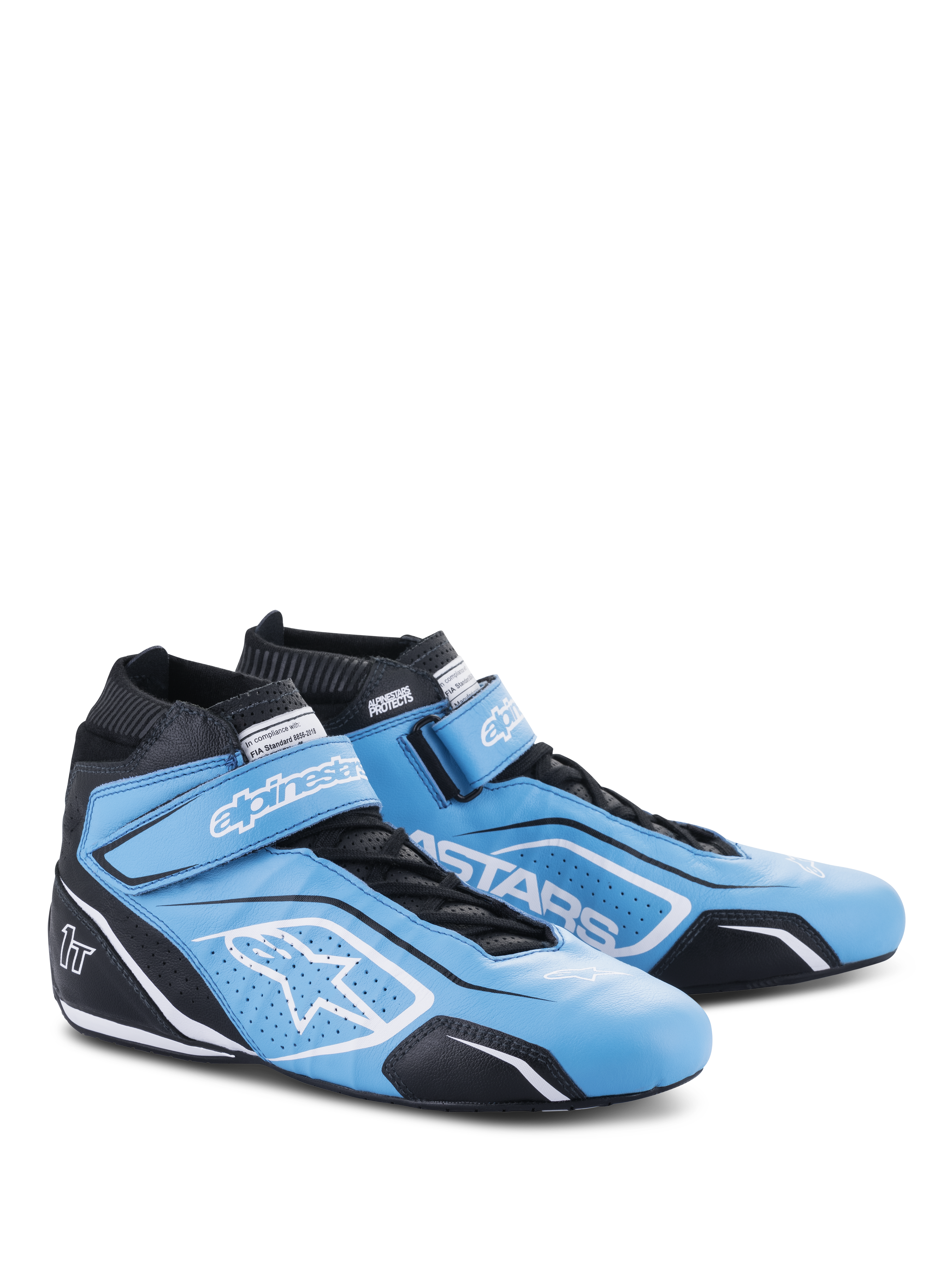 Alpinestars Tech-1 T V3 Shoes FIA, Auto Racing Shoes, Light Blue Black and White, bovine leather construction with hook and loop strap and lace closure, featuring Alpinestars branding and white star logo, professional motorsport footwear