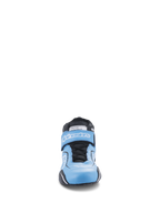 Alpinestars Tech-1 T V3 Shoes FIA, Auto Racing Shoes, Light Blue with Black and White accents, front-facing view showing the dual closure system with laces and a hook-and-loop strap, high-performance leather driving footwear