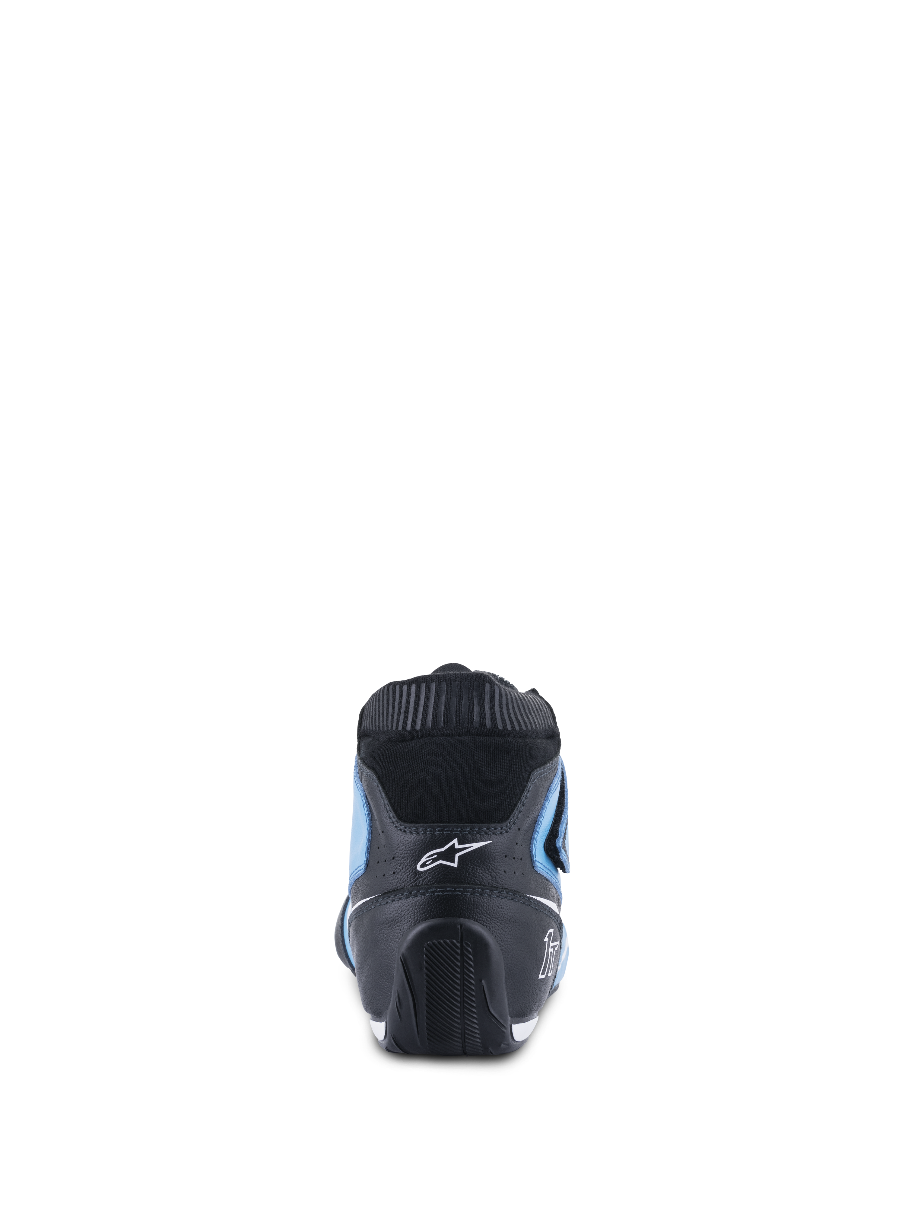 Alpinestars Tech-1 T V3 Shoes FIA, Auto Racing Shoes, Light Blue Black and White, rear view featuring the black leather heel, light blue side panels, and black elastic fireproof collar, sleek ergonomic design with white Alpinestars logo