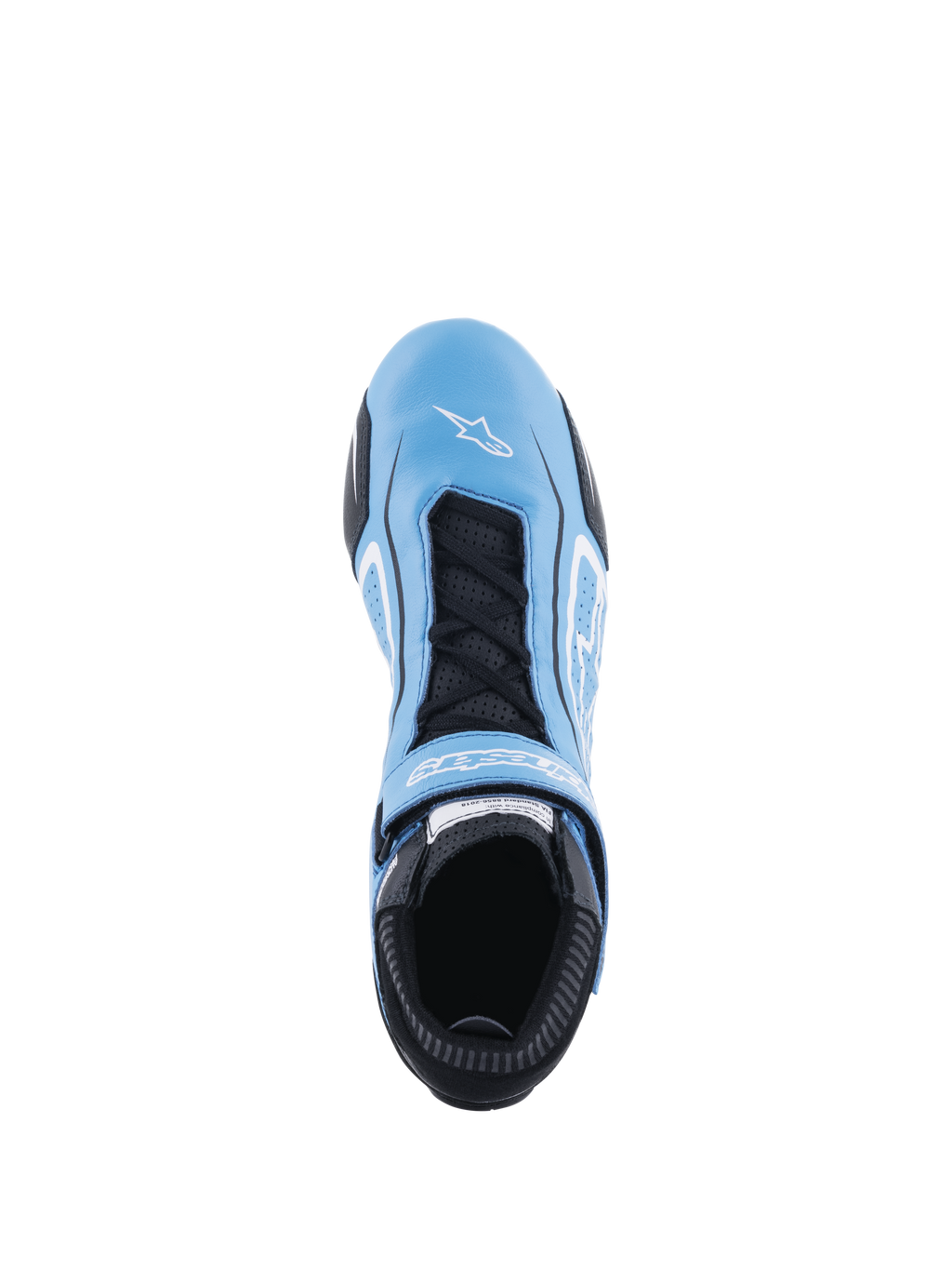 Alpinestars Tech-1 T V3 Shoes FIA, Auto Racing Shoes, Light Blue Black and White, top-down view showing full bovine leather construction, black laces with hook and loop strap, white Alpinestars logo on the toe, and perforated tongue for breathability