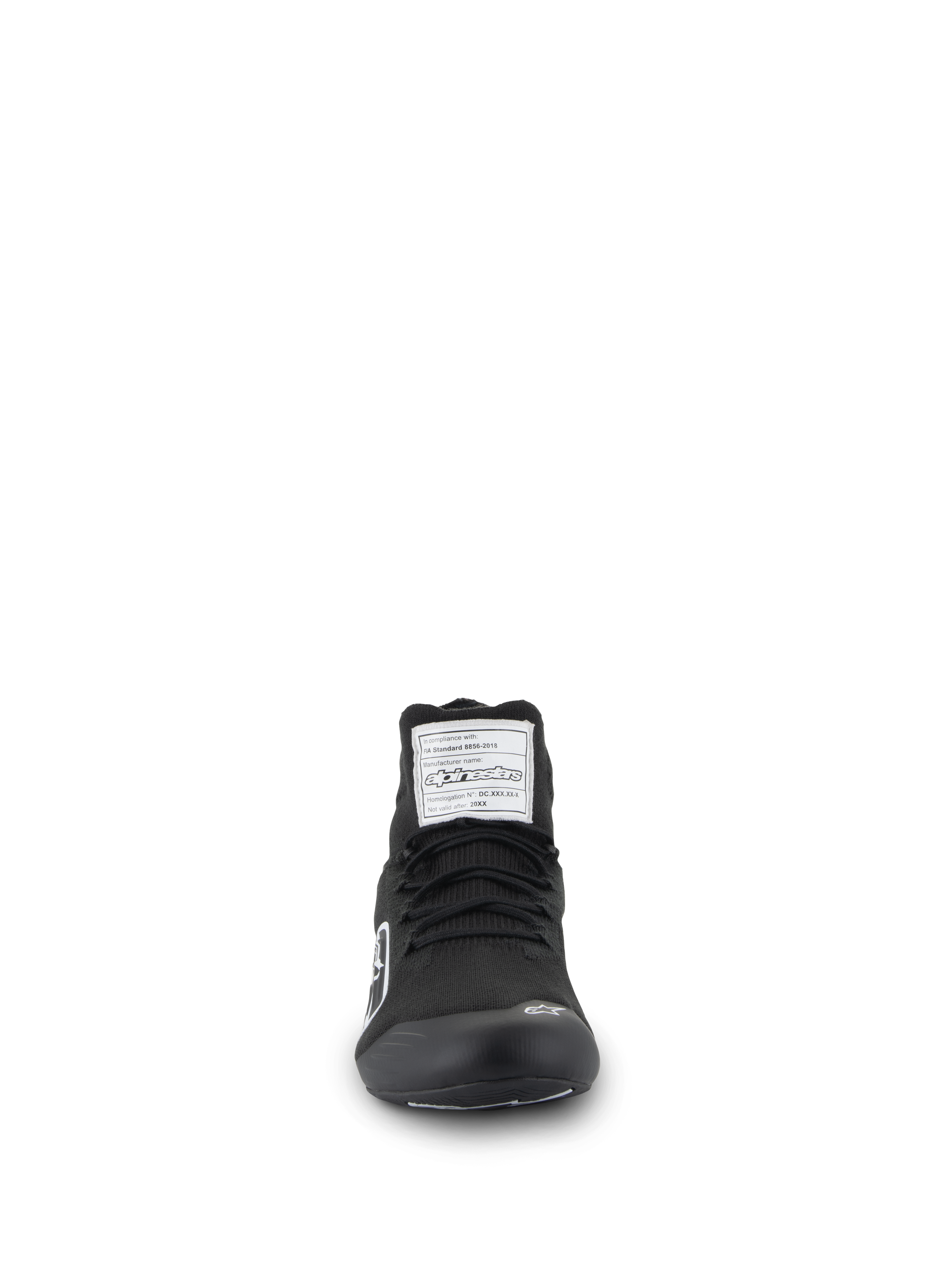 Alpinestars Supertech Shoes, Auto Racing Footwear, Black, front view showing the aramidic knitted upper, white FIA certification label on the tongue, and small white Astars logo on the toe, professional motorsport design