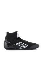 Alpinestars Supertech Shoes, FIA/SFI Certified Auto Racing Shoes, Black with white Alpinestars star logo, high-top design featuring a knitted upper and carbon fiber heel cup, professional motorsport footwear
