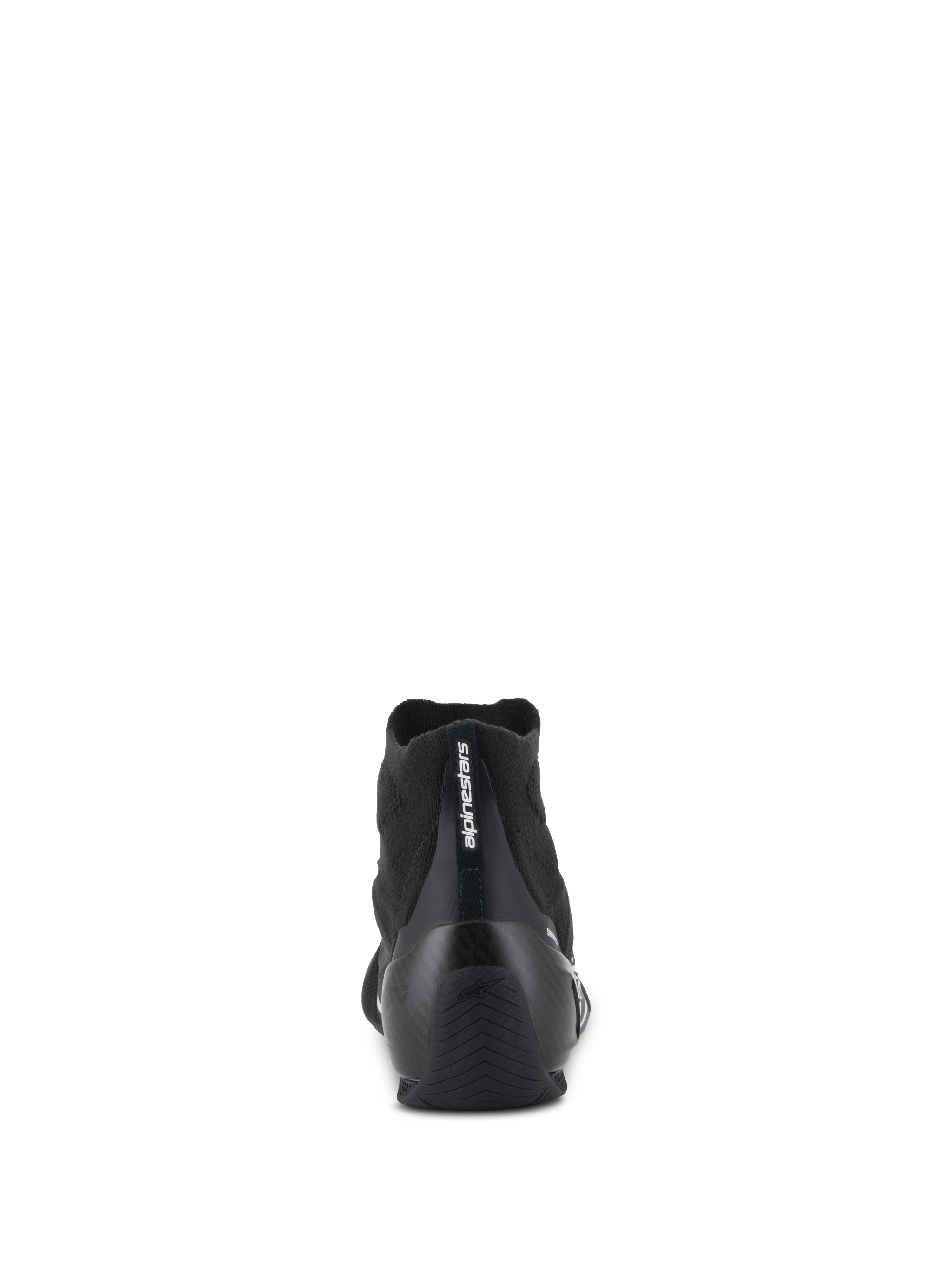 Alpinestars Supertech Shoes - FIA/SFI, Auto Racing Shoes, Black, Rear view featuring carbon fiber heel cup and knitted upper, vertical Alpinestars branding on heel, professional motorsport gear