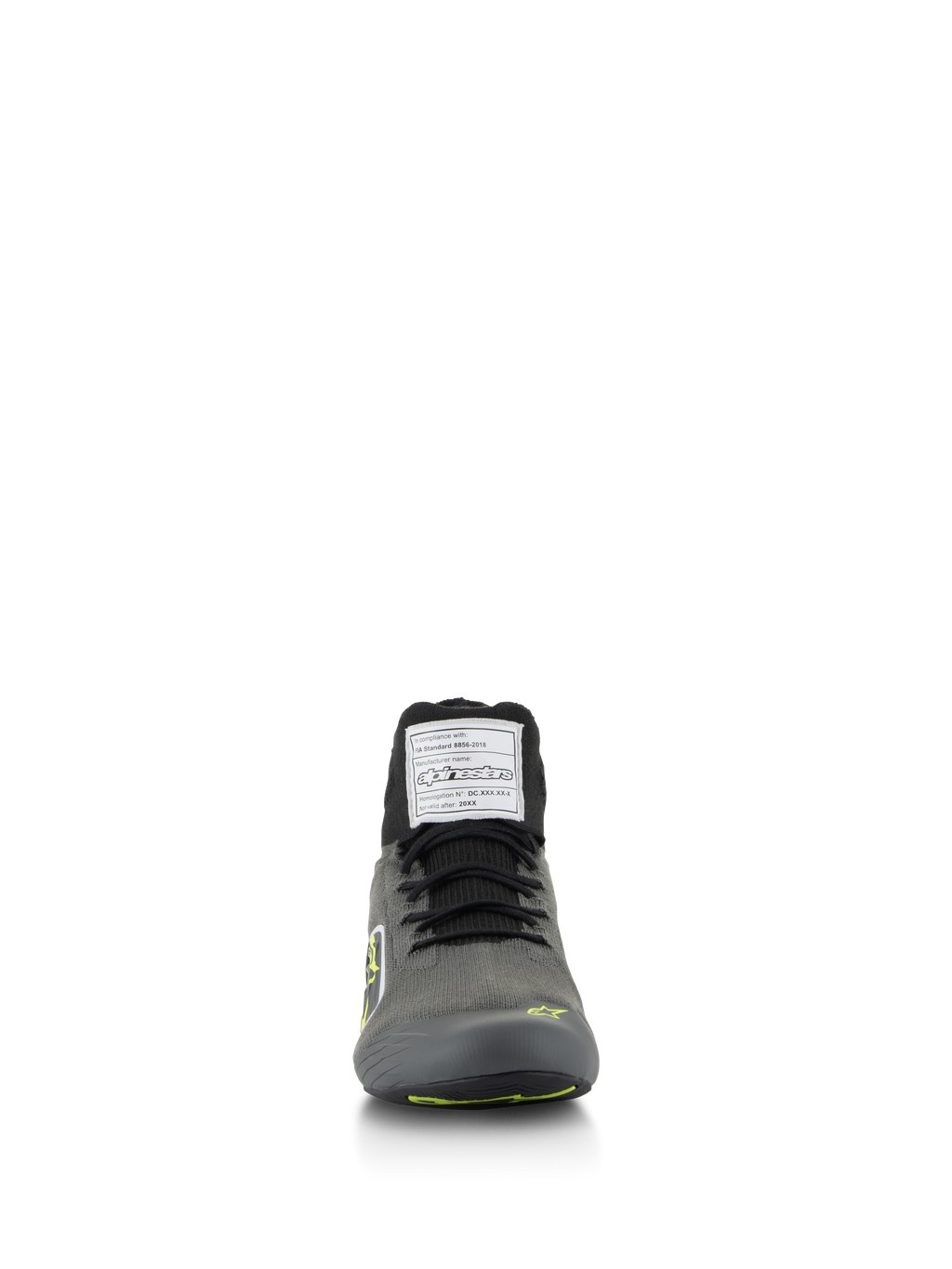 Alpinestars Supertech Shoes, Auto Racing Shoes, Cool Gray with Black and Yellow Fluo, front view featuring knitted upper and FIA certification label on the tongue
