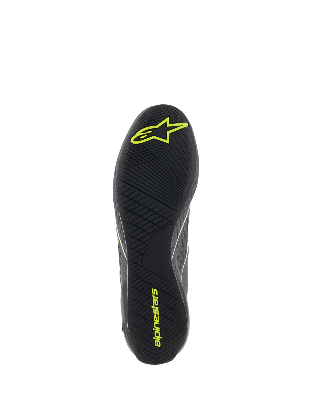 Alpinestars Supertech Shoes, Auto Racing Footwear, Cool Gray and Yellow Fluo, detailed view of the black rubber outsole with textured asymmetric tread and yellow Alpinestars logos for pedal grip and sensitivity.