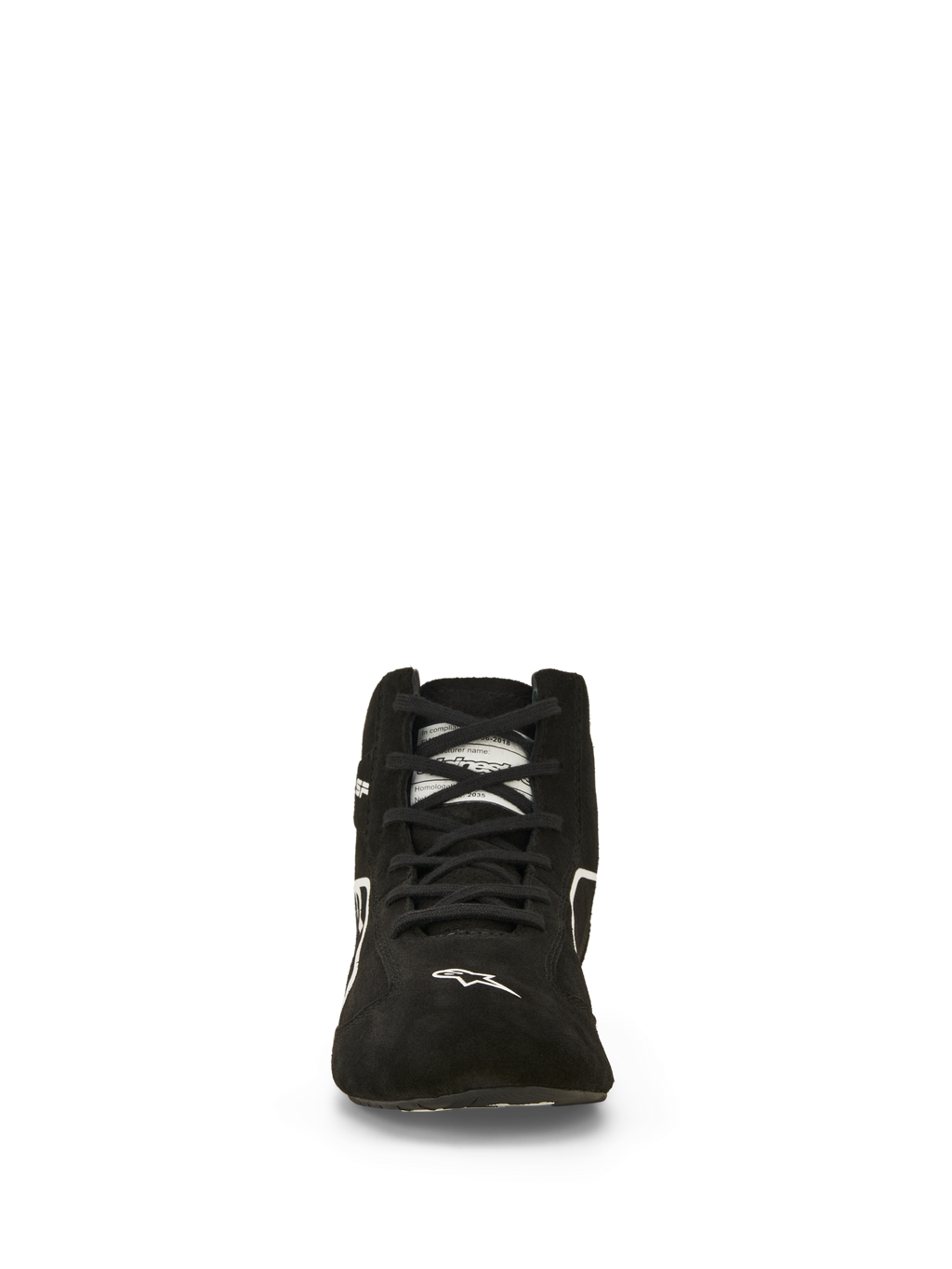 Alpinestars SP V3 Shoes FIA, Auto Racing Shoes, Black and White, front view, premium suede upper with black laces, white Alpinestars logo on the toe, fire-resistant professional motorsport footwear