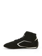 Alpinestars SP V3 Shoes FIA, Auto Racing Shoes, Black and White, side profile view, premium suede upper with white graphic accents, high-top design, thin racing-spec rubber sole for enhanced pedal feel