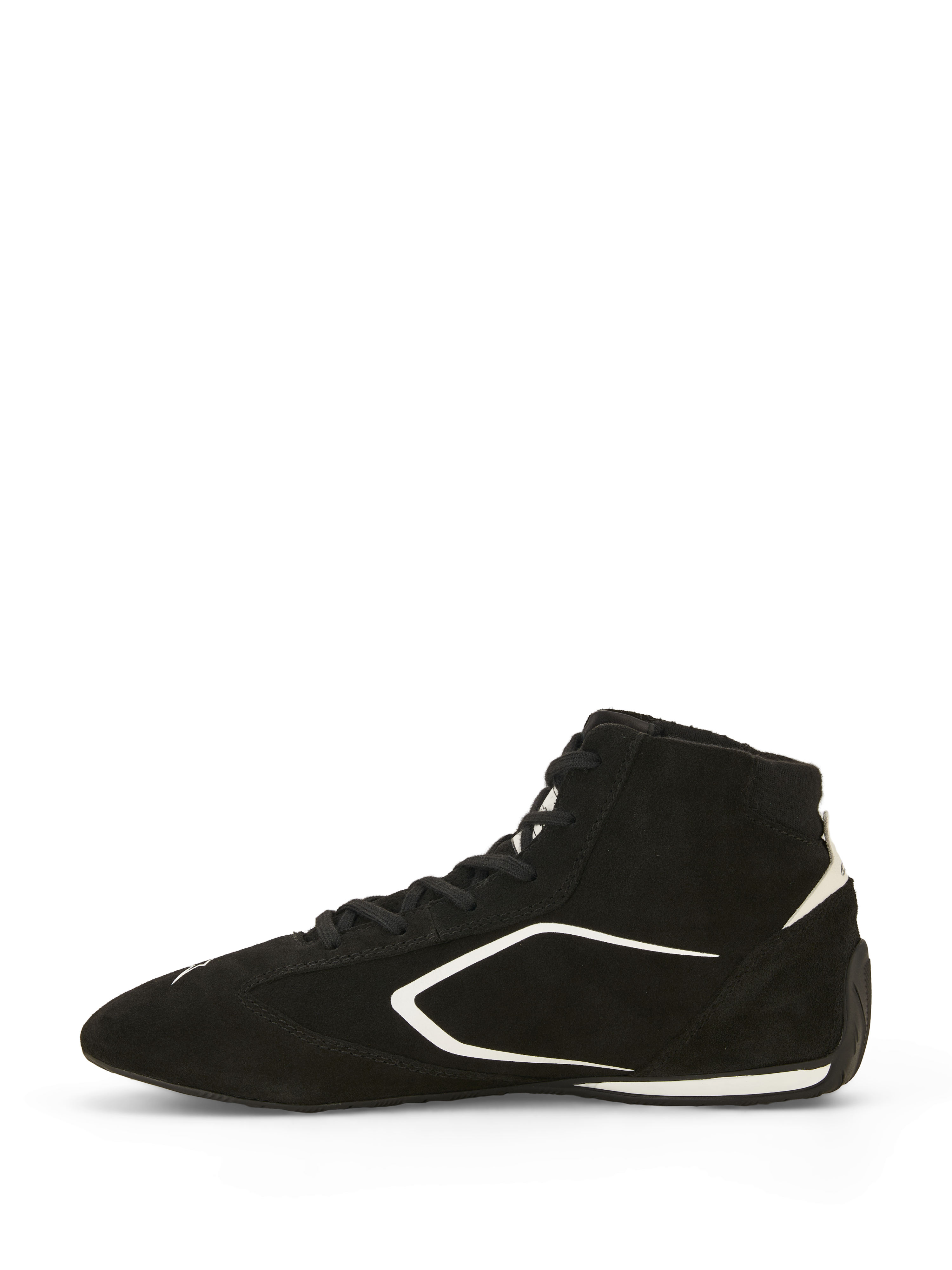Alpinestars SP V3 Shoes FIA, Auto Racing Shoes, Black and White, side profile view, premium suede upper with white graphic accents, high-top design, thin racing-spec rubber sole for enhanced pedal feel