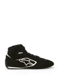 Alpinestars SP V3 Shoes FIA, Auto Racing Shoes, Black and White, side profile showing premium suede upper with large white Alpinestars logo, high-top design, "SP" branding near the ankle, and a thin racing-spec sole with white trim.