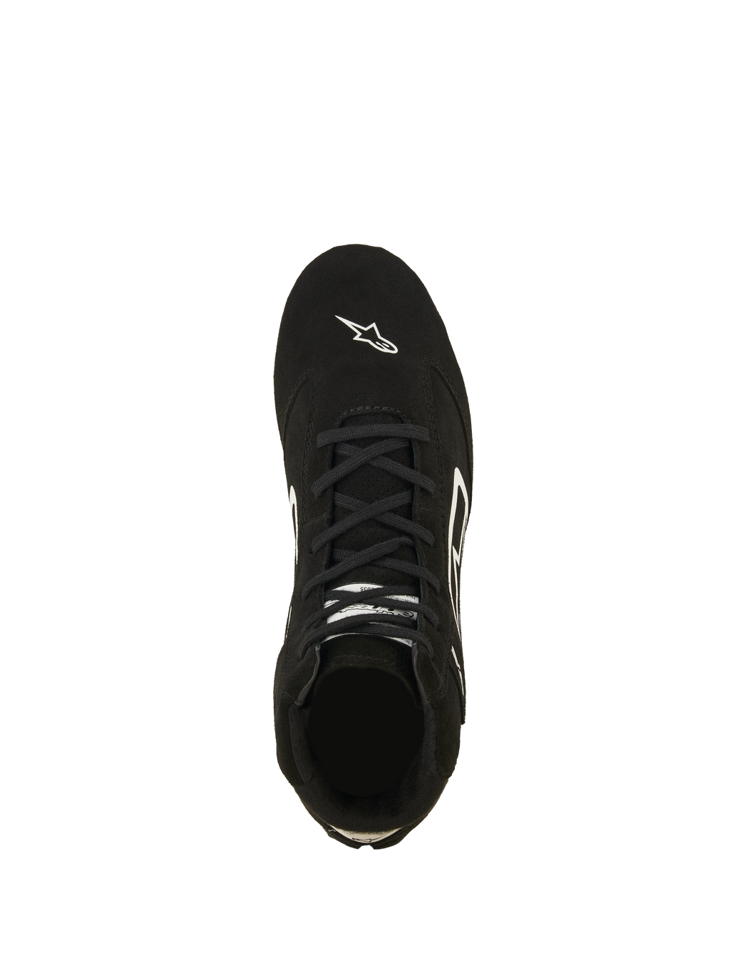 Alpinestars SP V3 Shoes FIA, Auto Racing Shoes, Black and White, top-down view of premium suede upper, featuring black laces and white Astars logo on the toe, professional fire-resistant motorsport footwear