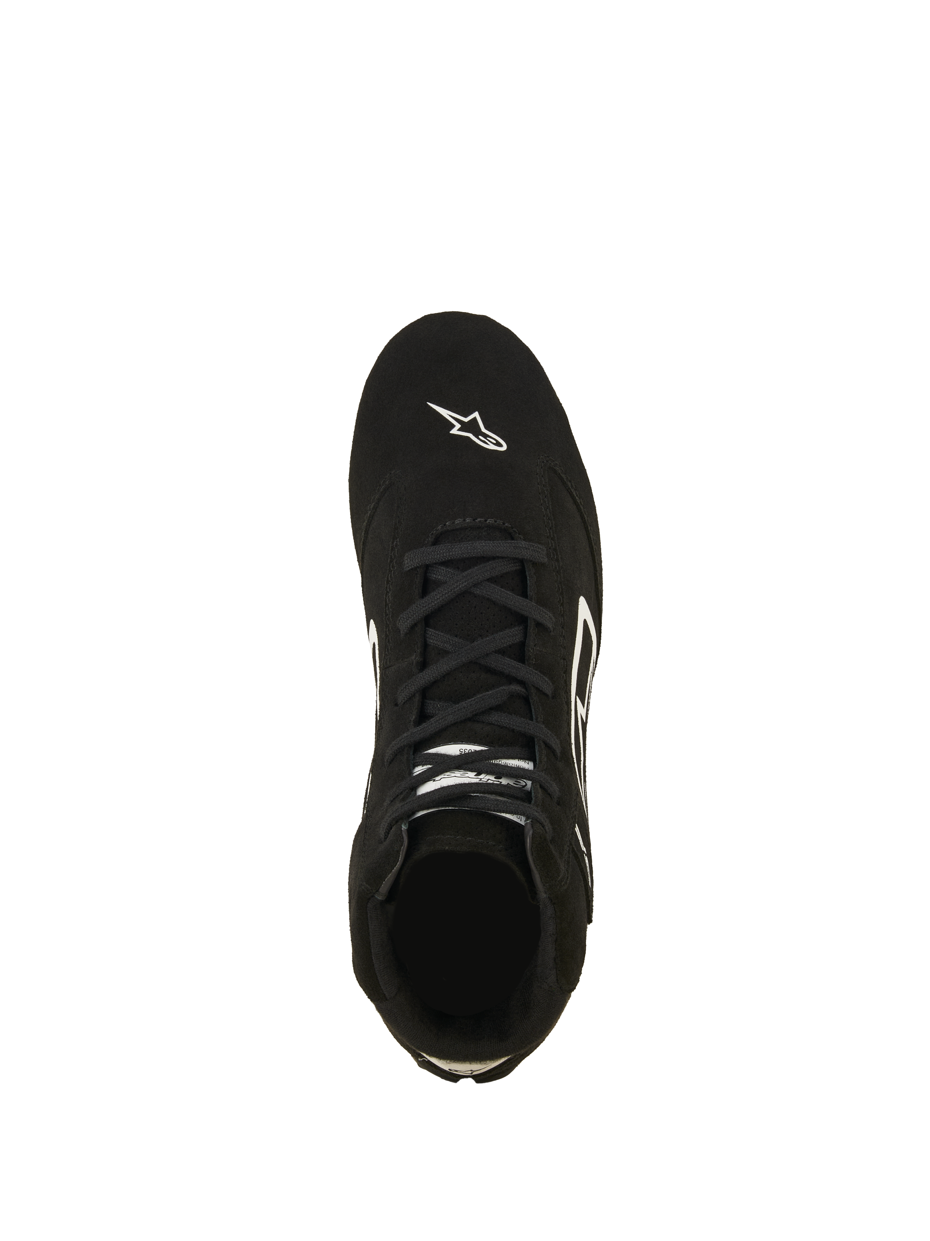 Alpinestars SP V3 Shoes FIA, Auto Racing Shoes, Black and White, top-down view of premium suede upper, featuring black laces and white Astars logo on the toe, professional fire-resistant motorsport footwear