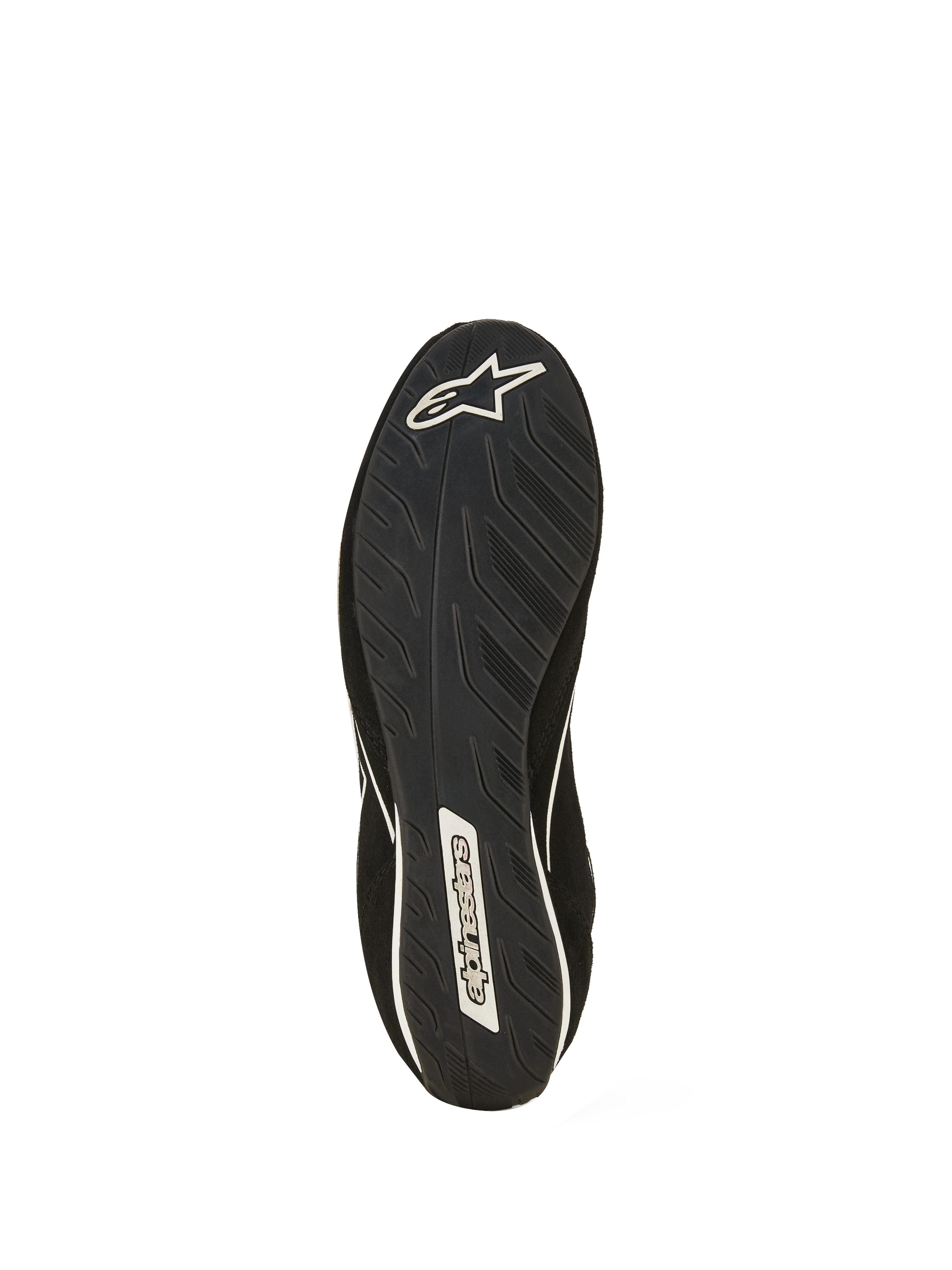 Alpinestars SP V3 Shoes FIA, Black racing shoe sole view, featuring exclusive rubber compound with line-textured grip for pedal feel, white Alpinestars star logo at the heel and wordmark at the arch