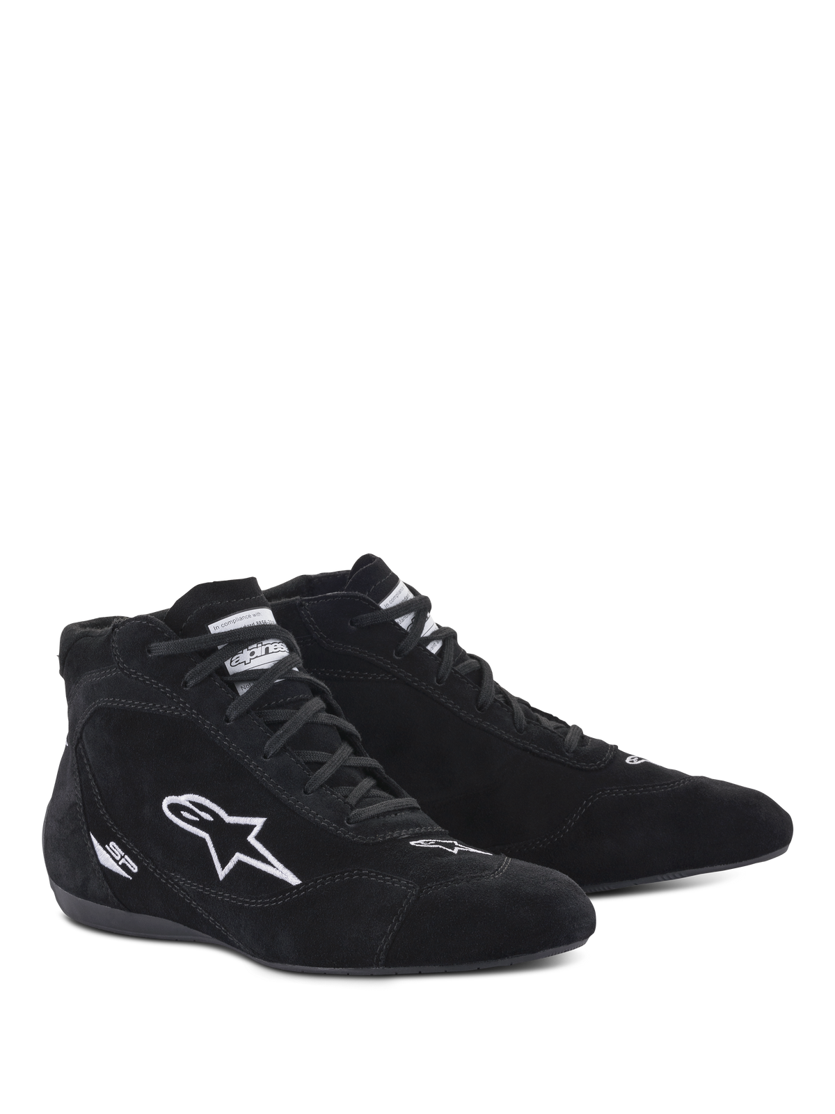Sapatos Alpinestars SP V2, sapatos de automobilismo, pretos, design de cano alto em camurça com logótipo de estrela bordado a branco e marca SP, sola fina de especificação F1 para sensibilidade precisa dos pedais, calçado profissional de desporto motorizado