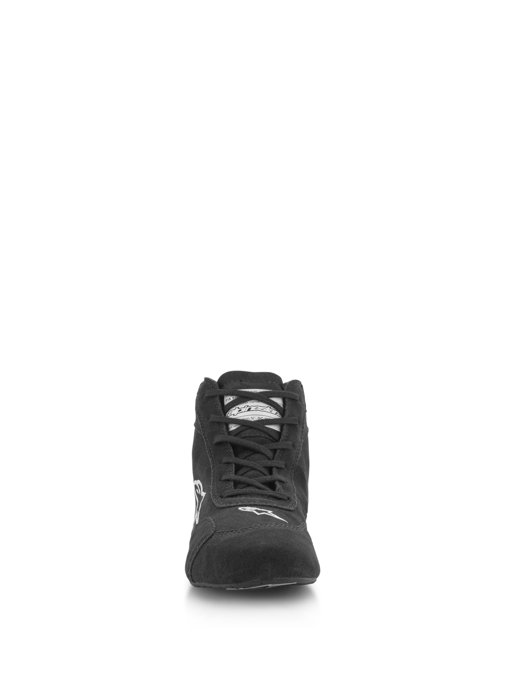 Sapatos Alpinestars SP V2, sapatos de automobilismo, pretos, vista frontal com parte superior em camurça premium, sistema de atacadores assimétrico, logótipo Alpinestars branco na biqueira, calçado profissional de desporto motorizado