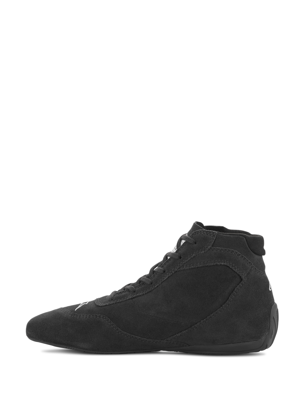 Sapatos Alpinestars SP V2, sapatos de automobilismo, pretos, perfil elegante de cano alto com parte superior em camurça premium e sola de borracha fina, concebidos para uma sensação de pedal precisa em desportos motorizados