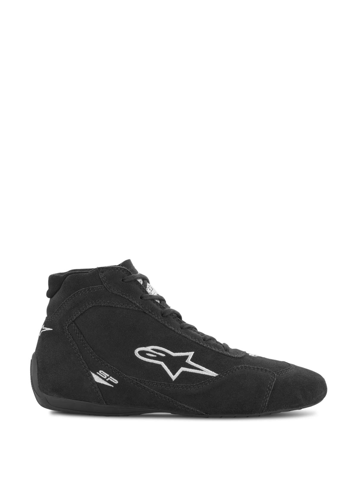 Sapatos Alpinestars SP V2, calçado de automobilismo, camurça preta com logótipo de estrela branco da Alpinestars, perfil de cano alto, fecho de atacadores, sola de corrida ultra-fina, design elegante de automobilismo