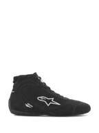 Sapatos Alpinestars SP V2, calçado de automobilismo, camurça preta com logótipo de estrela branco da Alpinestars, perfil de cano alto, fecho de atacadores, sola de corrida ultra-fina, design elegante de automobilismo