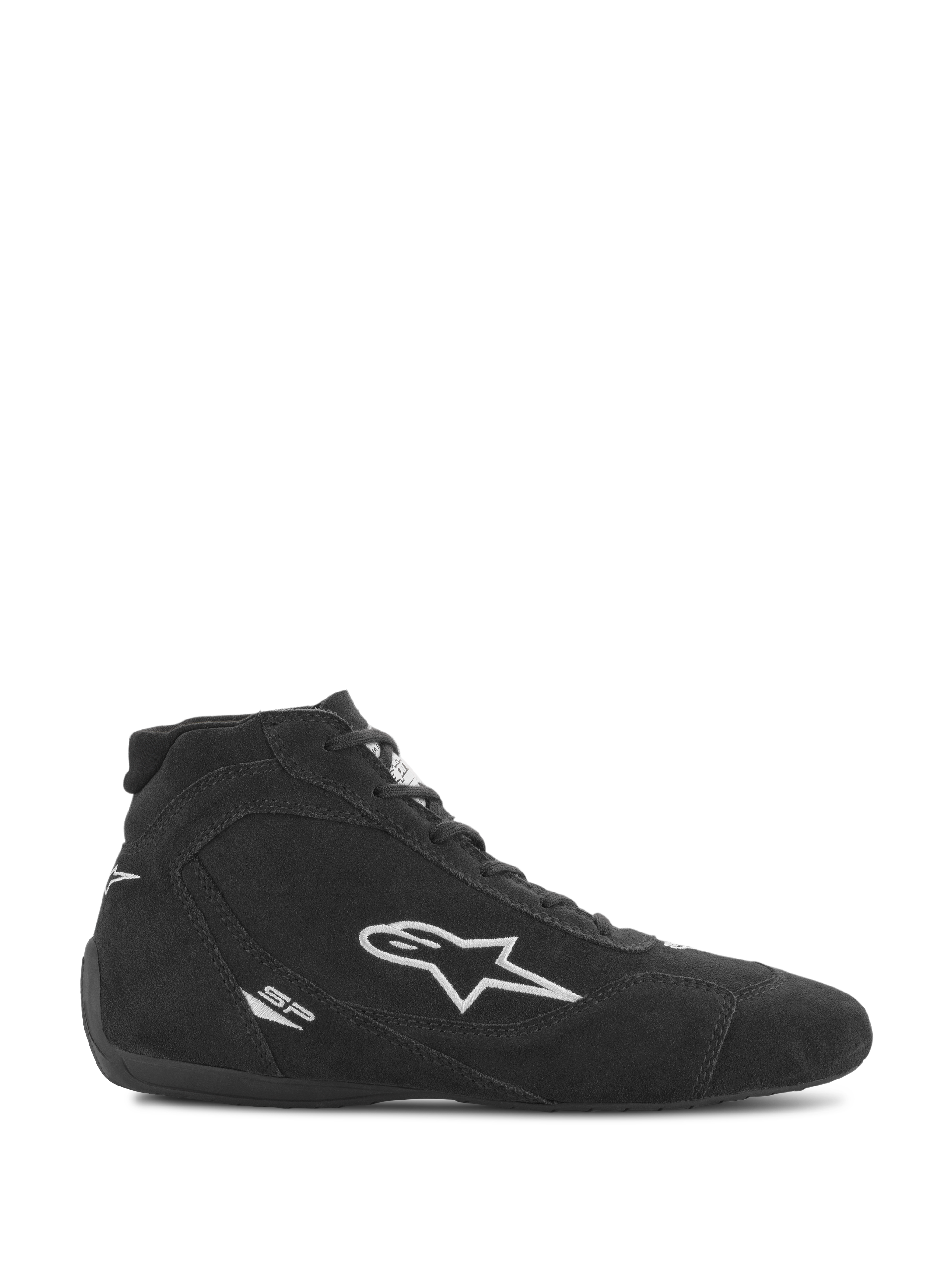 Sapatos Alpinestars SP V2, calçado de automobilismo, camurça preta com logótipo de estrela branco da Alpinestars, perfil de cano alto, fecho de atacadores, sola de corrida ultra-fina, design elegante de automobilismo