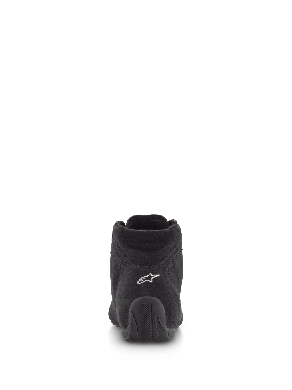 Sapatos Alpinestars SP V2, sapatos de automobilismo, pretos, vista traseira com parte superior em camurça premium, logótipo branco no calcanhar e sola de borracha texturizada, calçado profissional de desporto motorizado