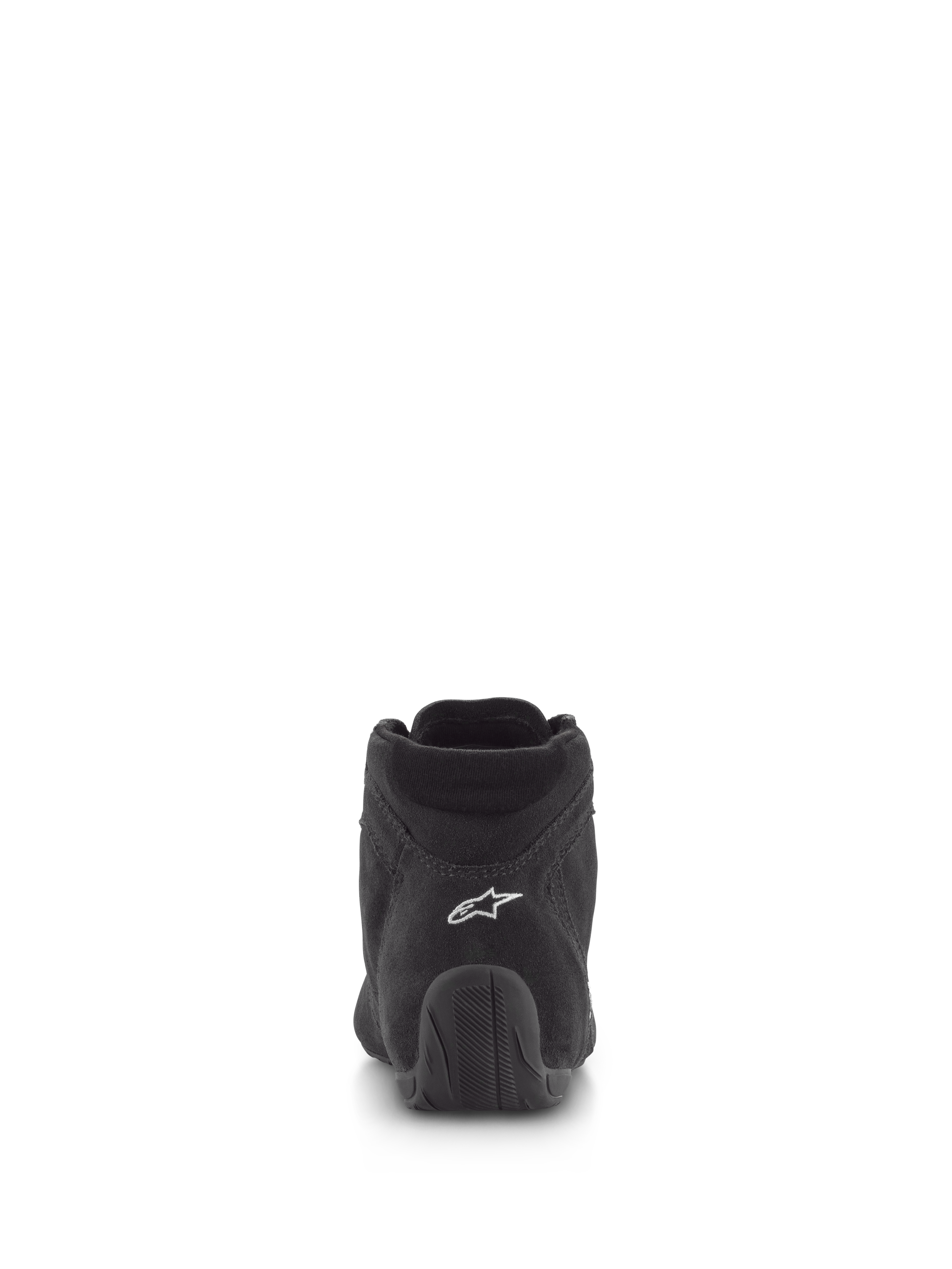 Sapatos Alpinestars SP V2, sapatos de automobilismo, pretos, vista traseira com parte superior em camurça premium, logótipo branco no calcanhar e sola de borracha texturizada, calçado profissional de desporto motorizado