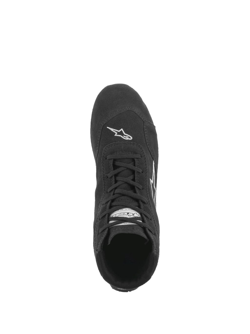 Sapatos Alpinestars SP V2, sapatos de automobilismo, pretos, vista superior a mostrar o sistema de atacadores assimétrico, construção em camurça premium e logótipo Astars branco na biqueira