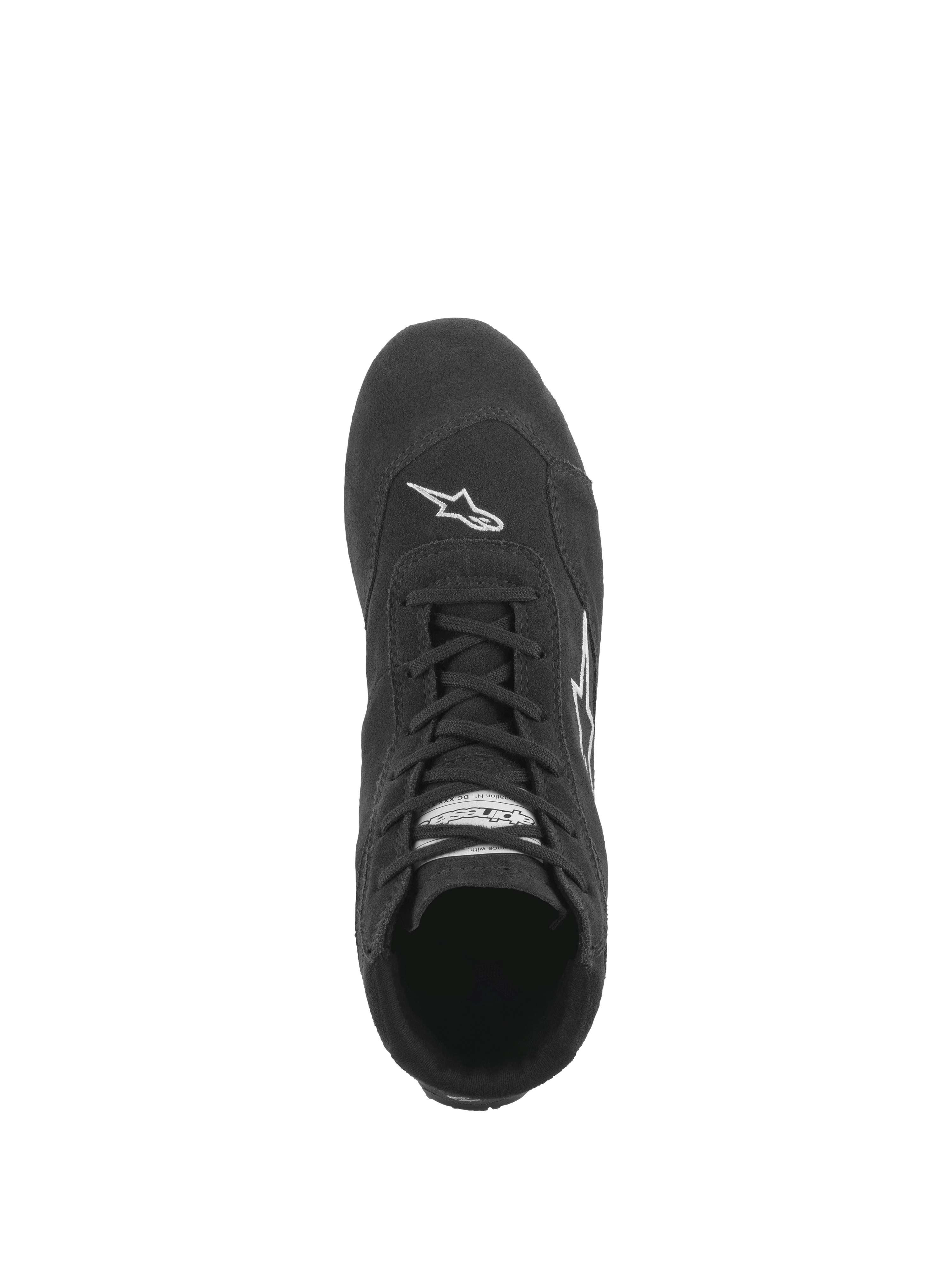 Sapatos Alpinestars SP V2, sapatos de automobilismo, pretos, vista superior a mostrar o sistema de atacadores assimétrico, construção em camurça premium e logótipo Astars branco na biqueira