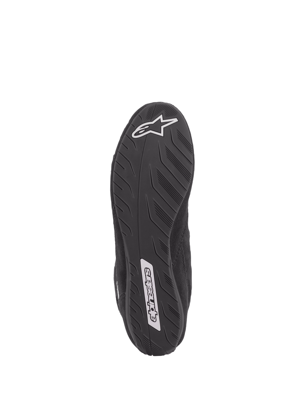 Sapatos Alpinestars SP V2, sapatos de automobilismo, pretos, vista inferior da sola ultra-fina de especificação Fórmula 1, aderência texturizada para sensibilidade ao pedal, com logótipos Alpinestars brancos no calcanhar e no meio do pé