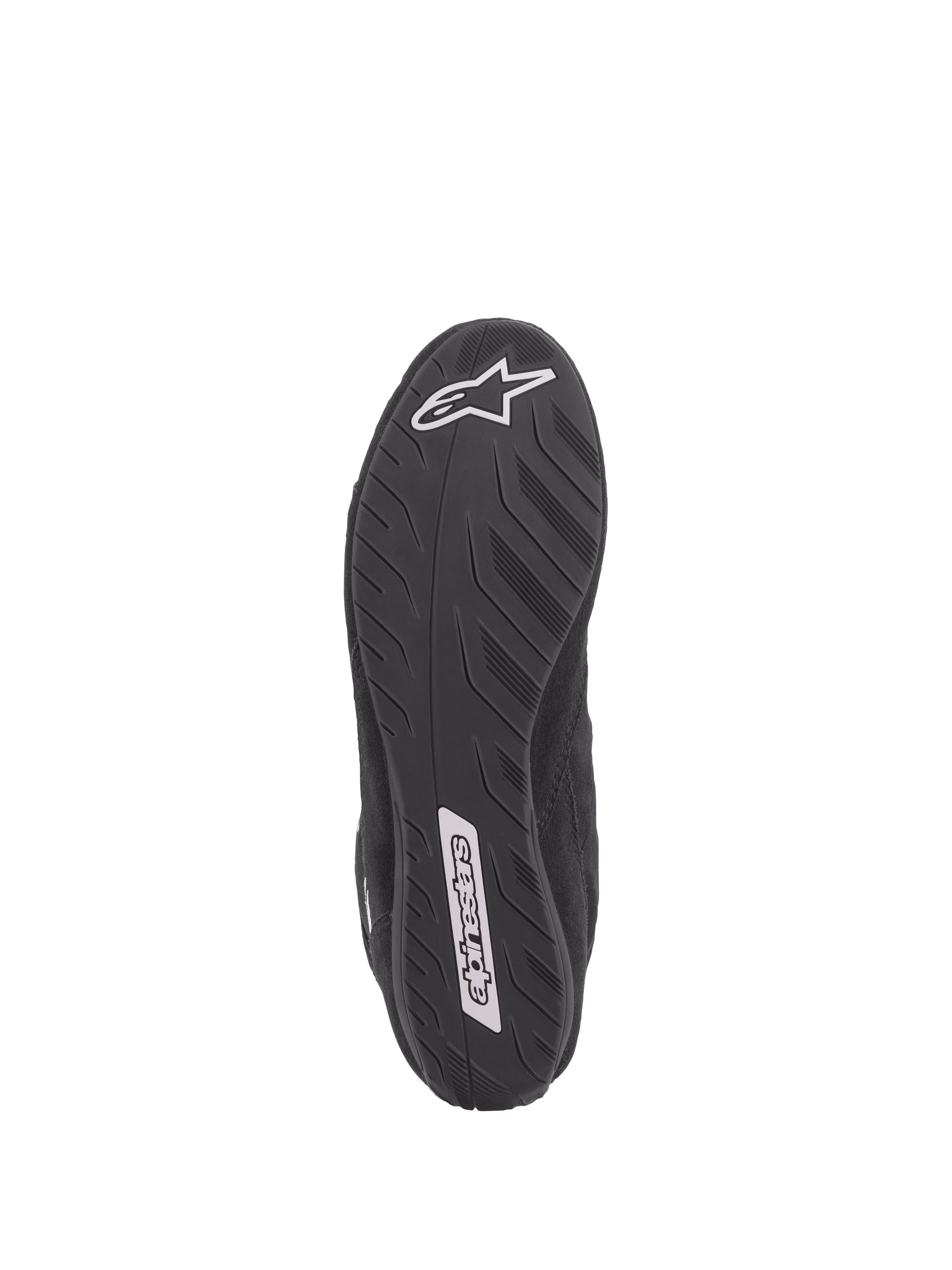 Sapatos Alpinestars SP V2, sapatos de automobilismo, pretos, vista inferior da sola ultra-fina de especificação Fórmula 1, aderência texturizada para sensibilidade ao pedal, com logótipos Alpinestars brancos no calcanhar e no meio do pé