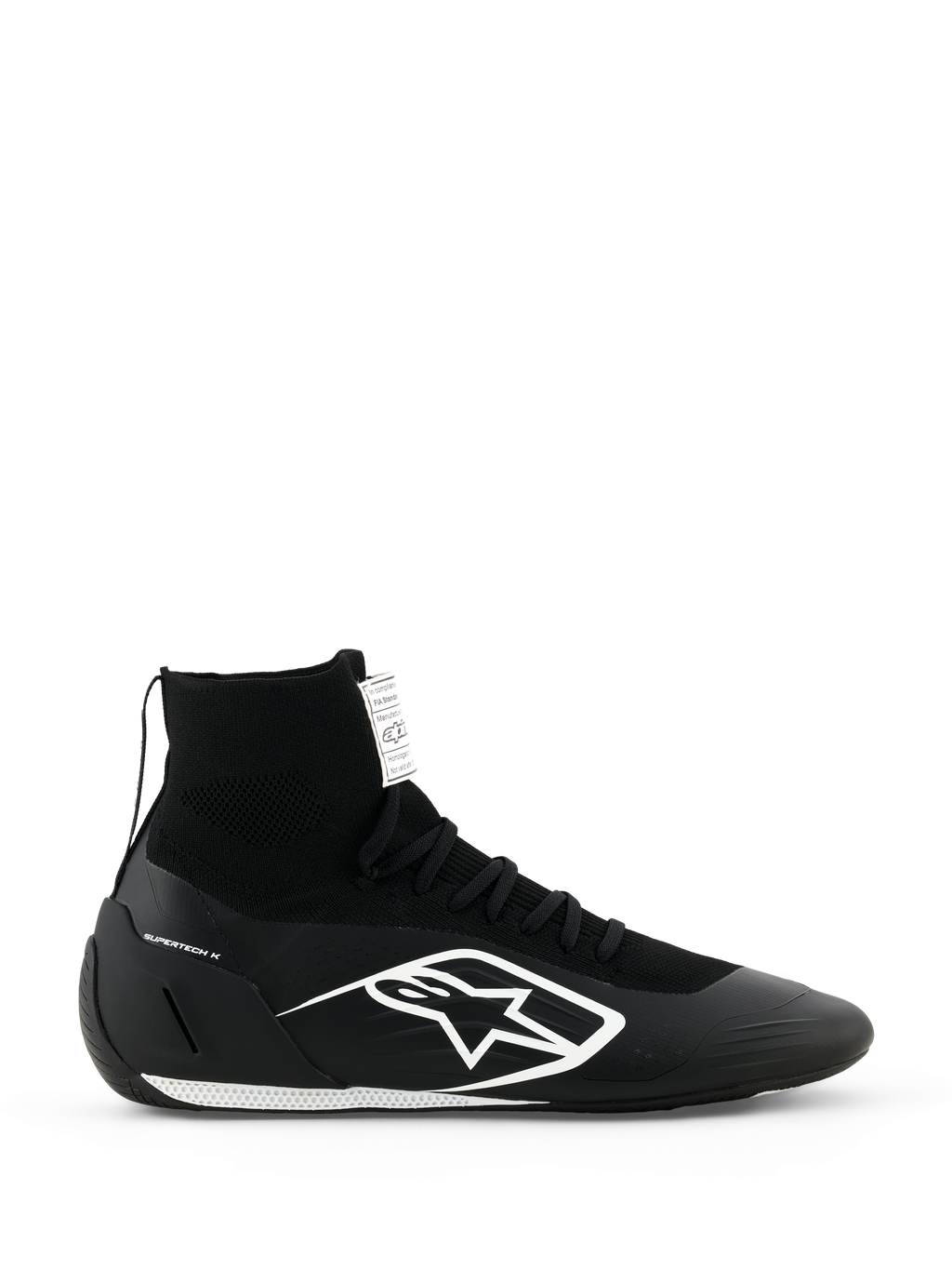 Alpinestars Supertech K Shoes FIA, sapatos de corrida para karting pretos, design tricotado de cano alto com logótipo branco, colarinho do tornozelo tipo meia, sola texturizada branca, certificação FIA
