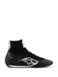 Alpinestars Supertech K Shoes FIA, sapatos de corrida para karting pretos, design tricotado de cano alto com logótipo branco, colarinho do tornozelo tipo meia, sola texturizada branca, certificação FIA