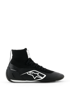 Alpinestars Supertech K Shoes FIA, sapatos de corrida para karting pretos, design tricotado de cano alto com logótipo branco, colarinho do tornozelo tipo meia, sola texturizada branca, certificação FIA
