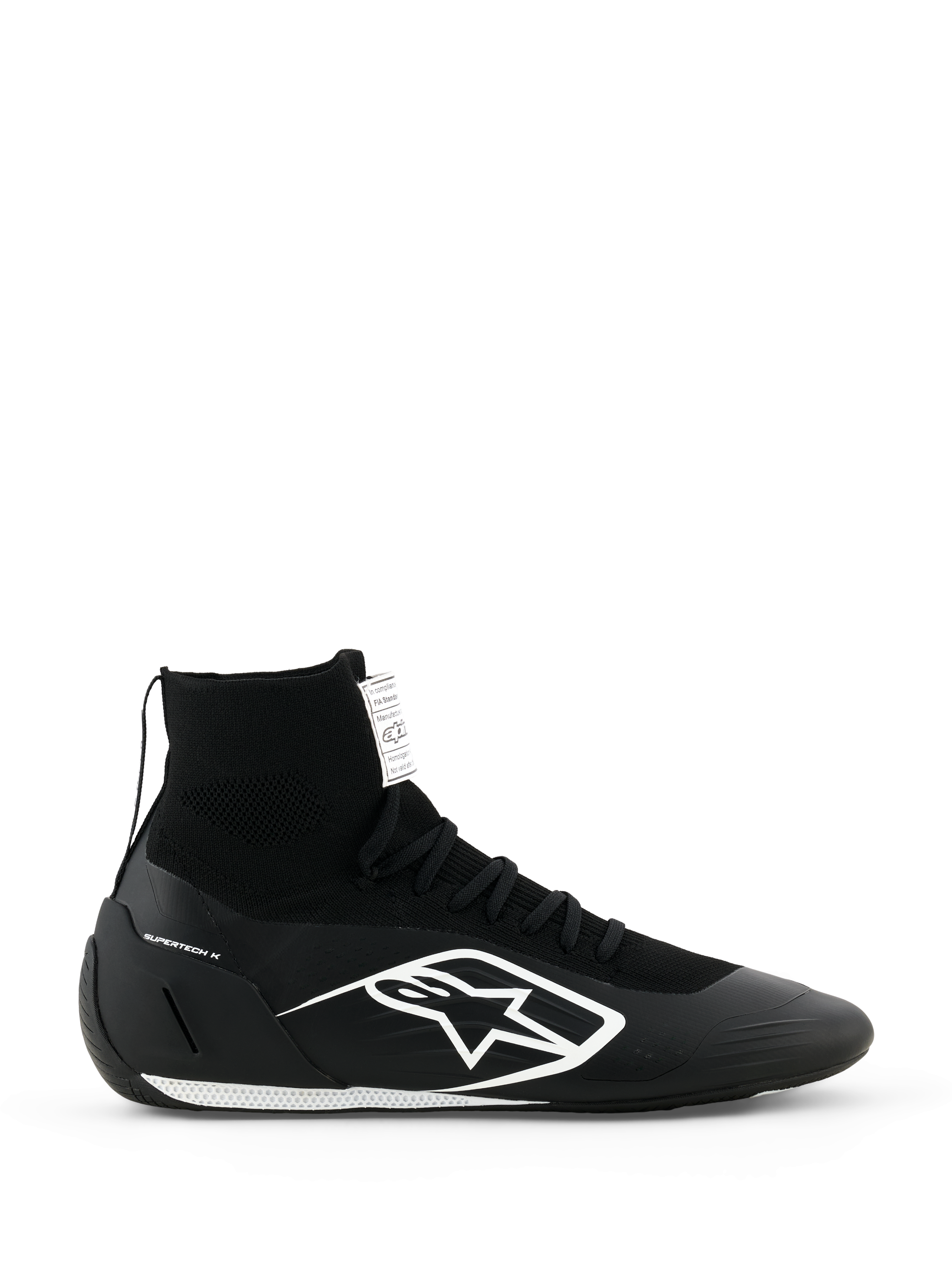 Alpinestars Supertech K Shoes FIA, sapatos de corrida para karting pretos, design tricotado de cano alto com logótipo branco, colarinho do tornozelo tipo meia, sola texturizada branca, certificação FIA
